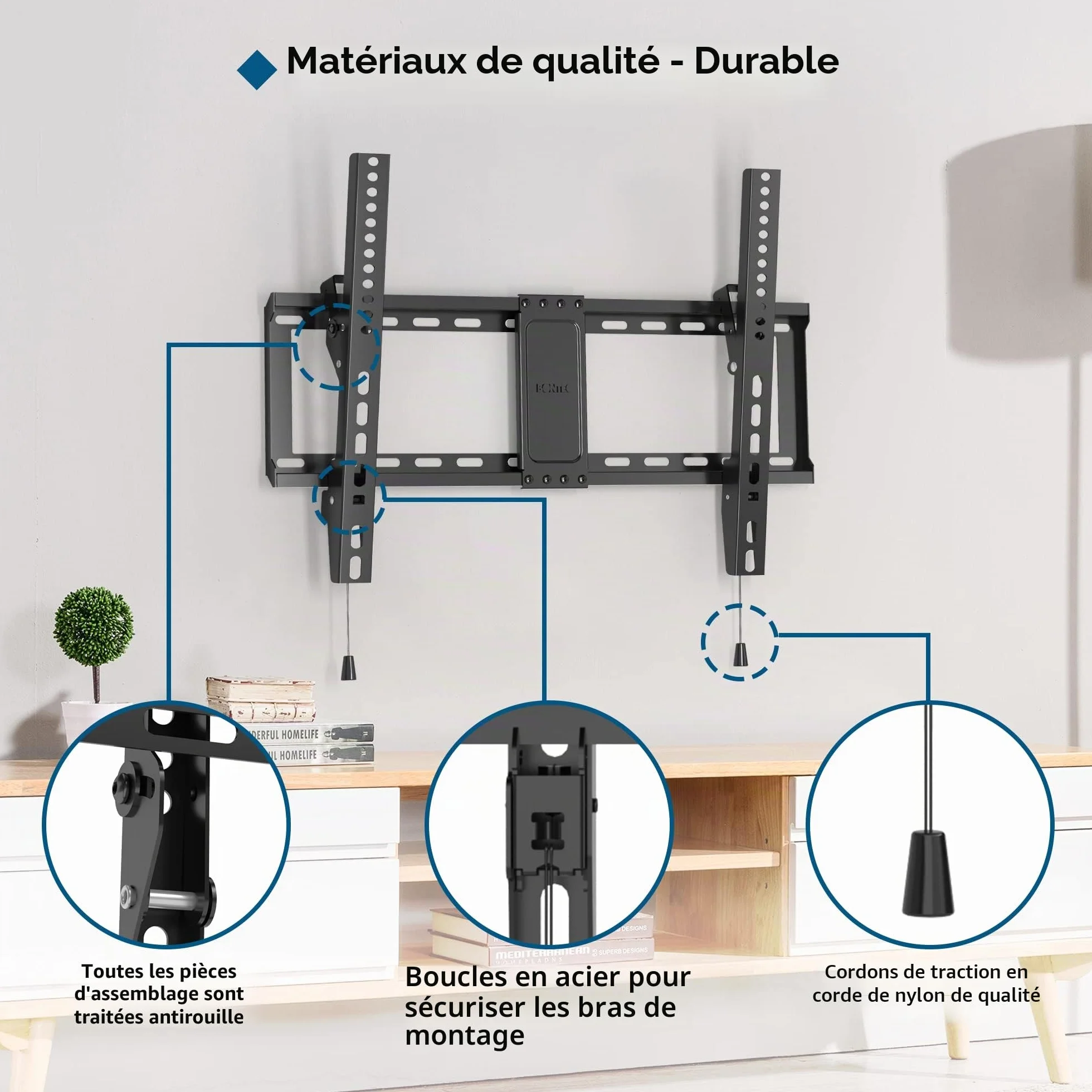 BONTEC Support Mural TV Inclinable pour Téléviseurs LCD, LED, Plasma de 37 à 86 Pouces, VESA 600x400mm, Charge 75 kg, Support TV Mural Fixe avec Niveau à Bulle, Compatible Samsung, TCL