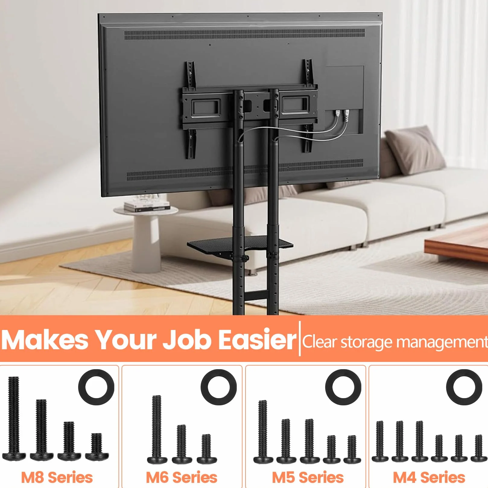 Ensemble de vis VESA BOJIUKEJI, M4 M5 M6 M8, 68 pièces, Noir, pour montage mural TV et support moniteur jusqu'à 80 pouces, avec entretoise