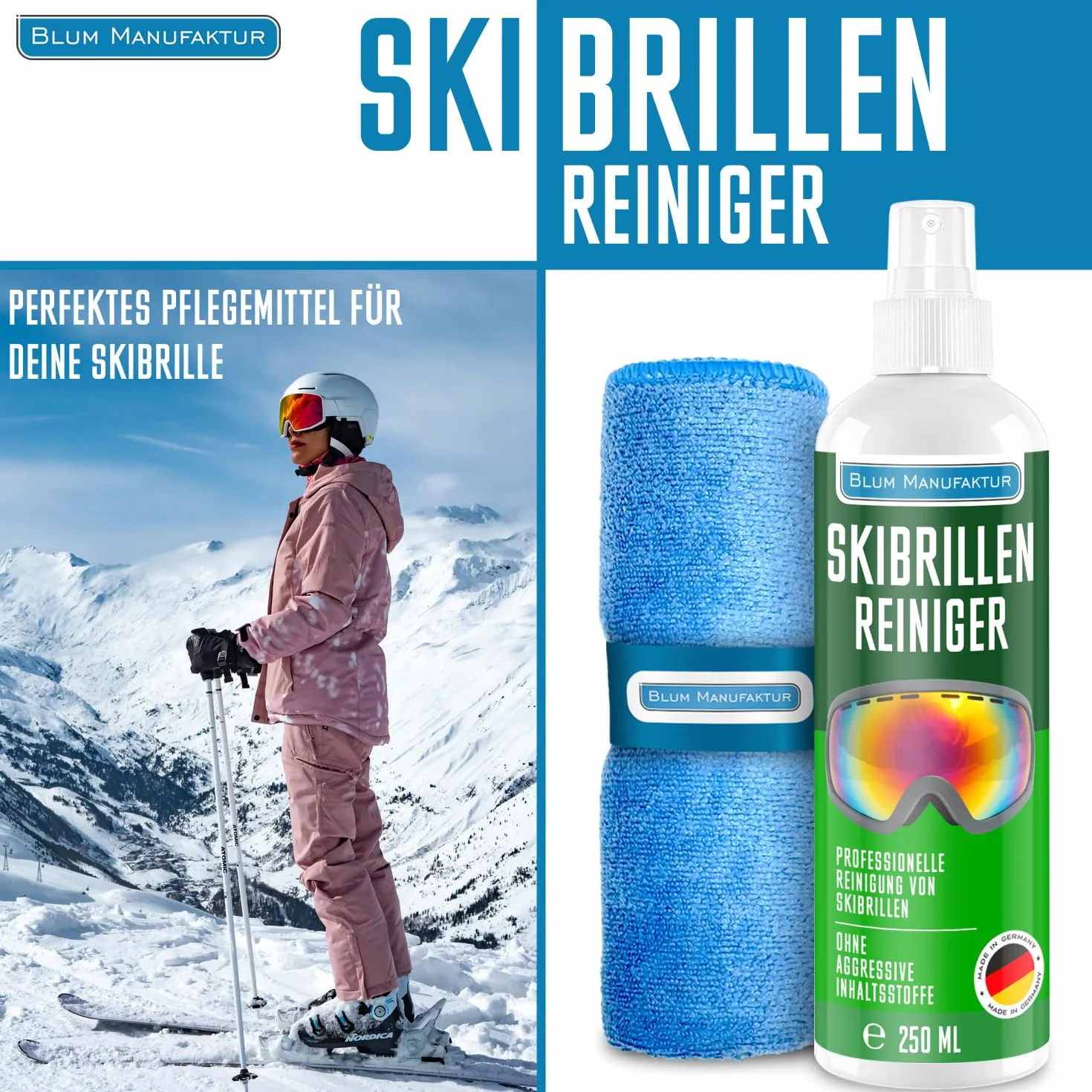 Blum Manufaktur Nettoyant pour lunettes de ski 250 ml + chiffon microfibre 30x30 cm
