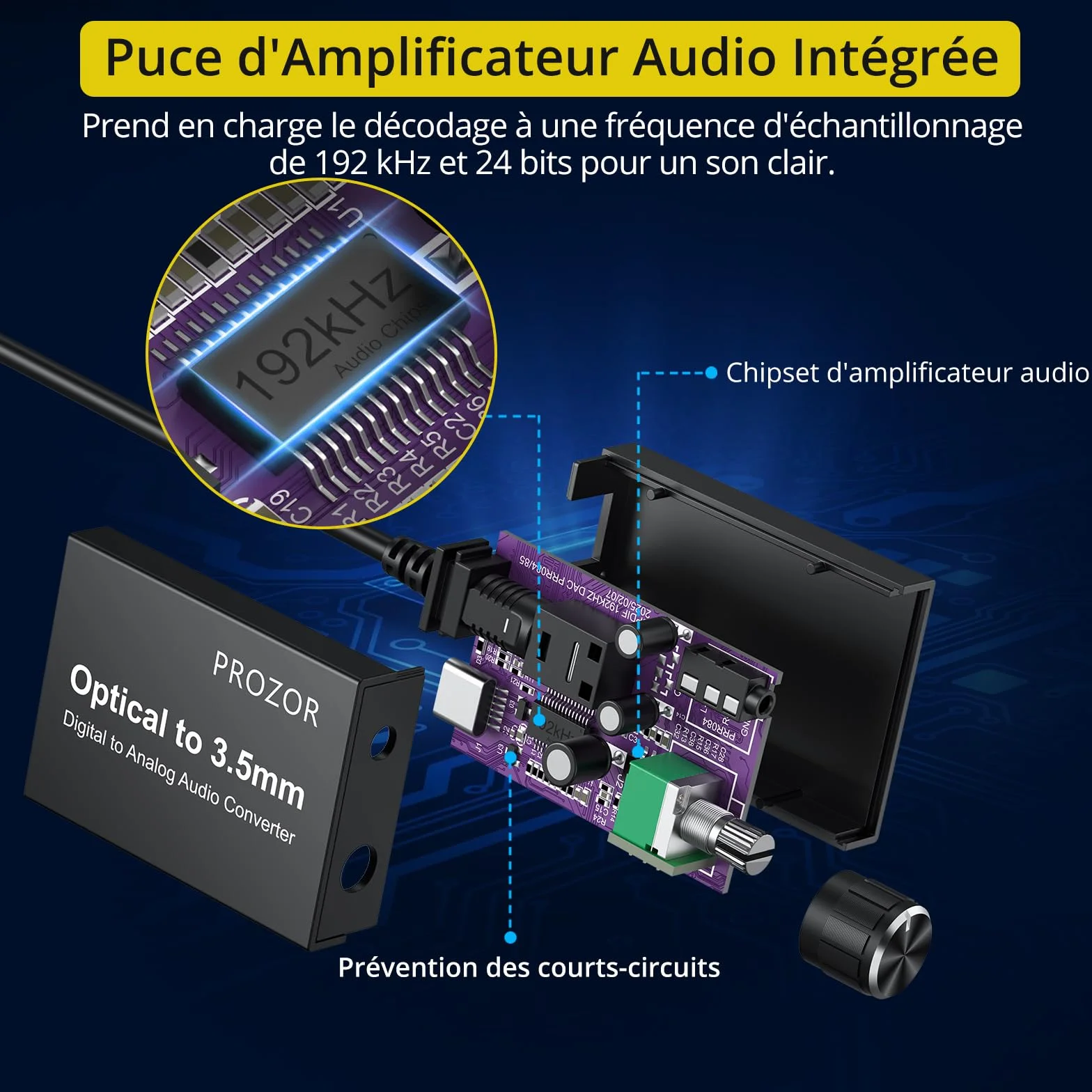PROZOR Convertisseur SPDIF Optique vers 3.5mm avec Amplificateur Audio 192kHz/24bit Compact Plug and Play pour Casque TV et Enceintes