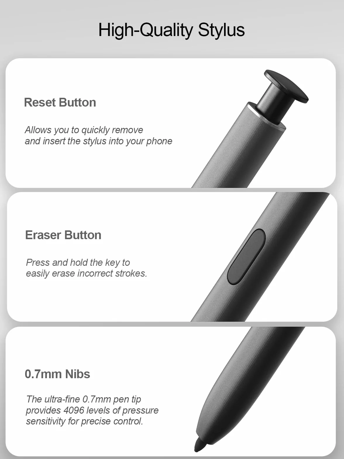 Stylet pour Samsung Galaxy S24 Ultra 5G, S24 Ultra S Pen Kit de remplacement avec sensibilité à la pression 4096, sans Bluetooth, gris foncé