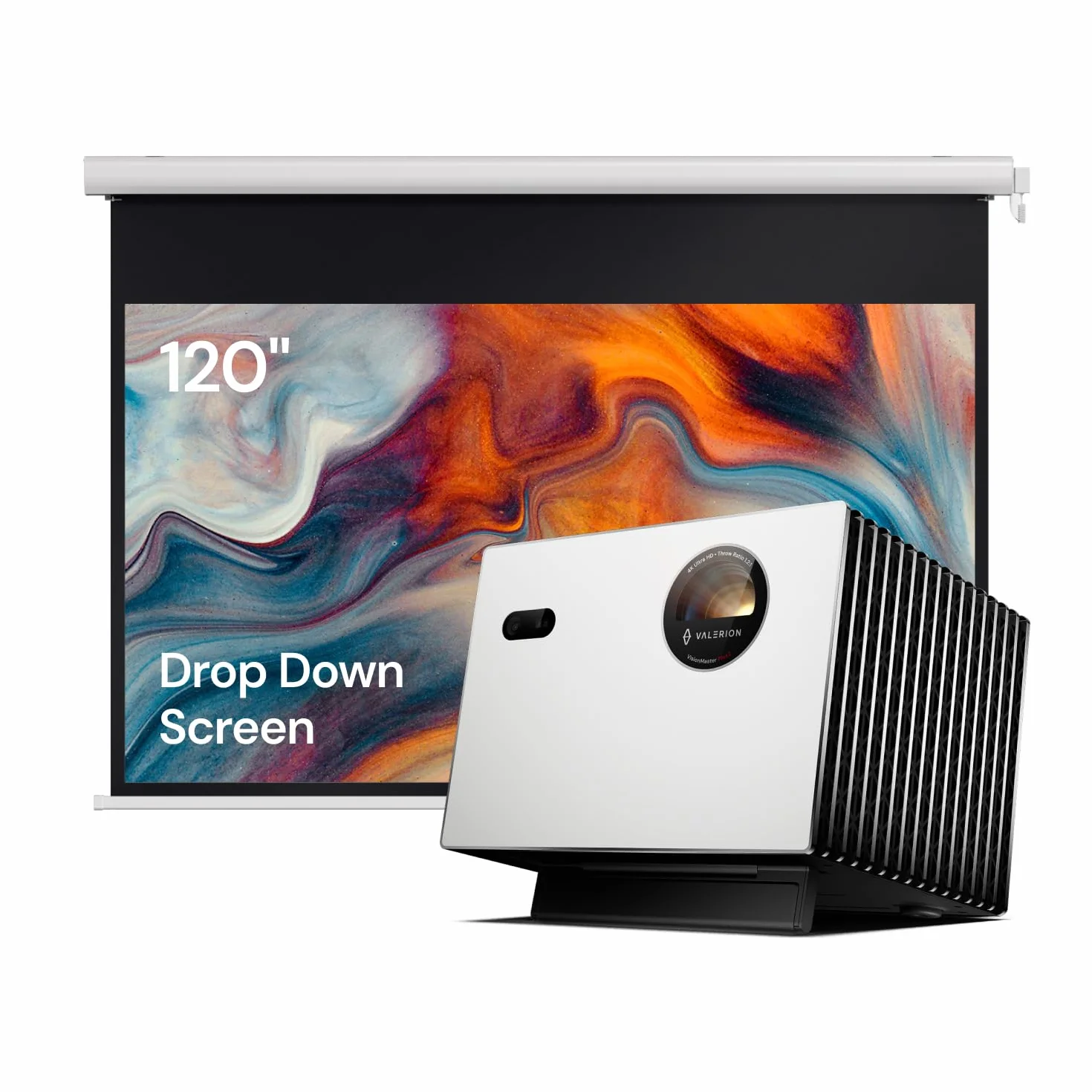 Valerion StreamMaster Plus2 vidéoprojecteur laser 4K + écran de projection motorisé de 120 pouces, 2000 lumens ISO, HDR10, certifié IMAX Enhanced, Dolby Vision et Atmos, latence ultra-faible de 4 ms p