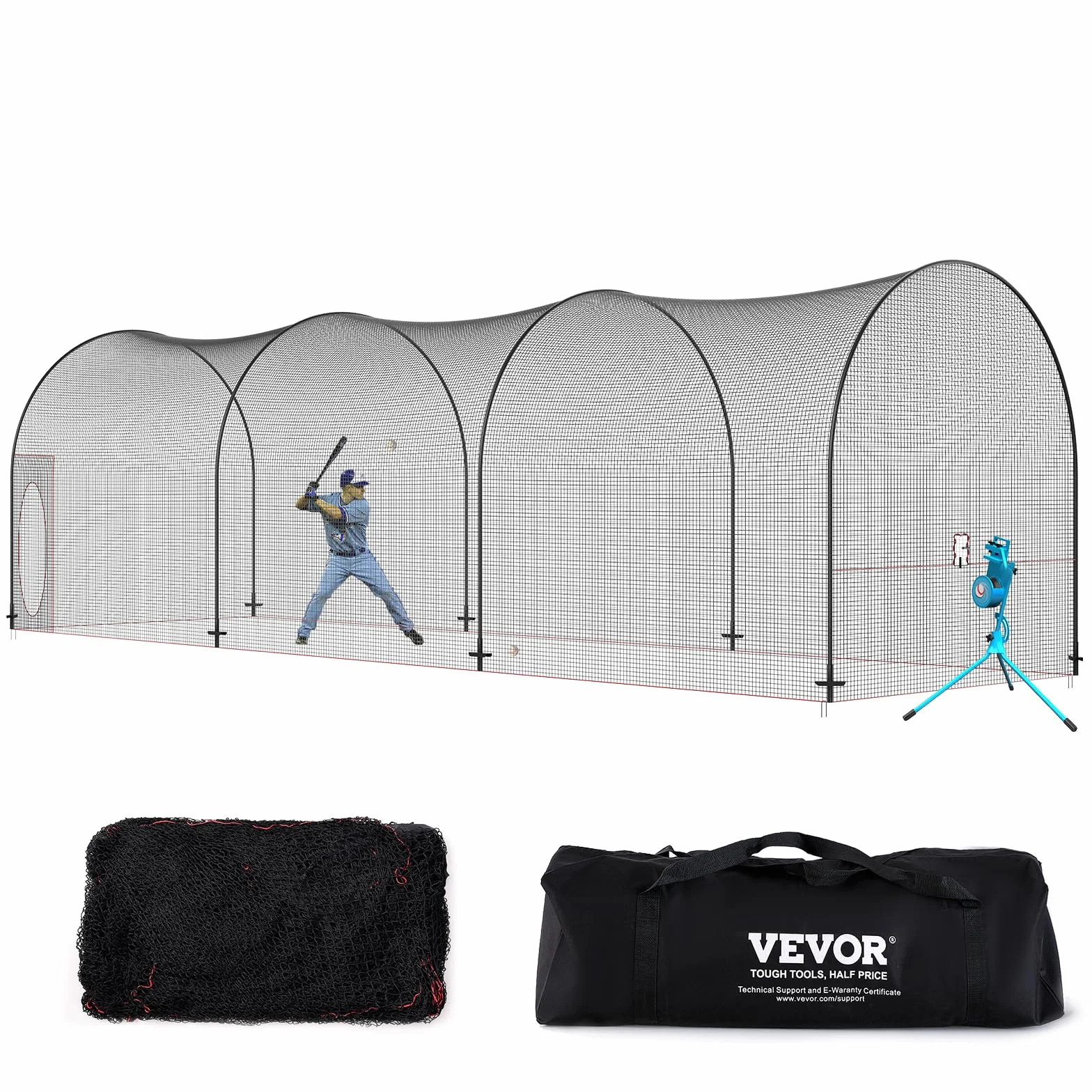 VEVOR Cage de Frappeur 12x3,6x3,6 m Filet d'Entraînement Baseball Softball Poteaux Fibre de Verre Portable