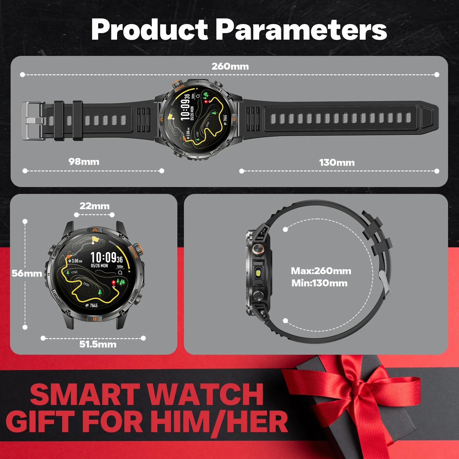 Montre Connectée Homme GPS Smartwatach: 1.46" HD Smart Watch Appel Bluetooth Fréquence Cardiaque SpO2 580mAh Batterie 100+ Modes Sportifs IP68 Etanche Surveillance Santé Torche LED pour iOS e Android