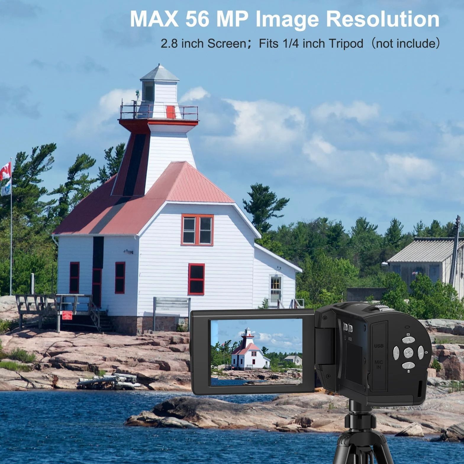 Caméra vidéo 2.7K 56MP avec éclairage LED, Zoom numérique 16X, Écran LCD 2,8", Carte SD 32 Go, 2 Piles