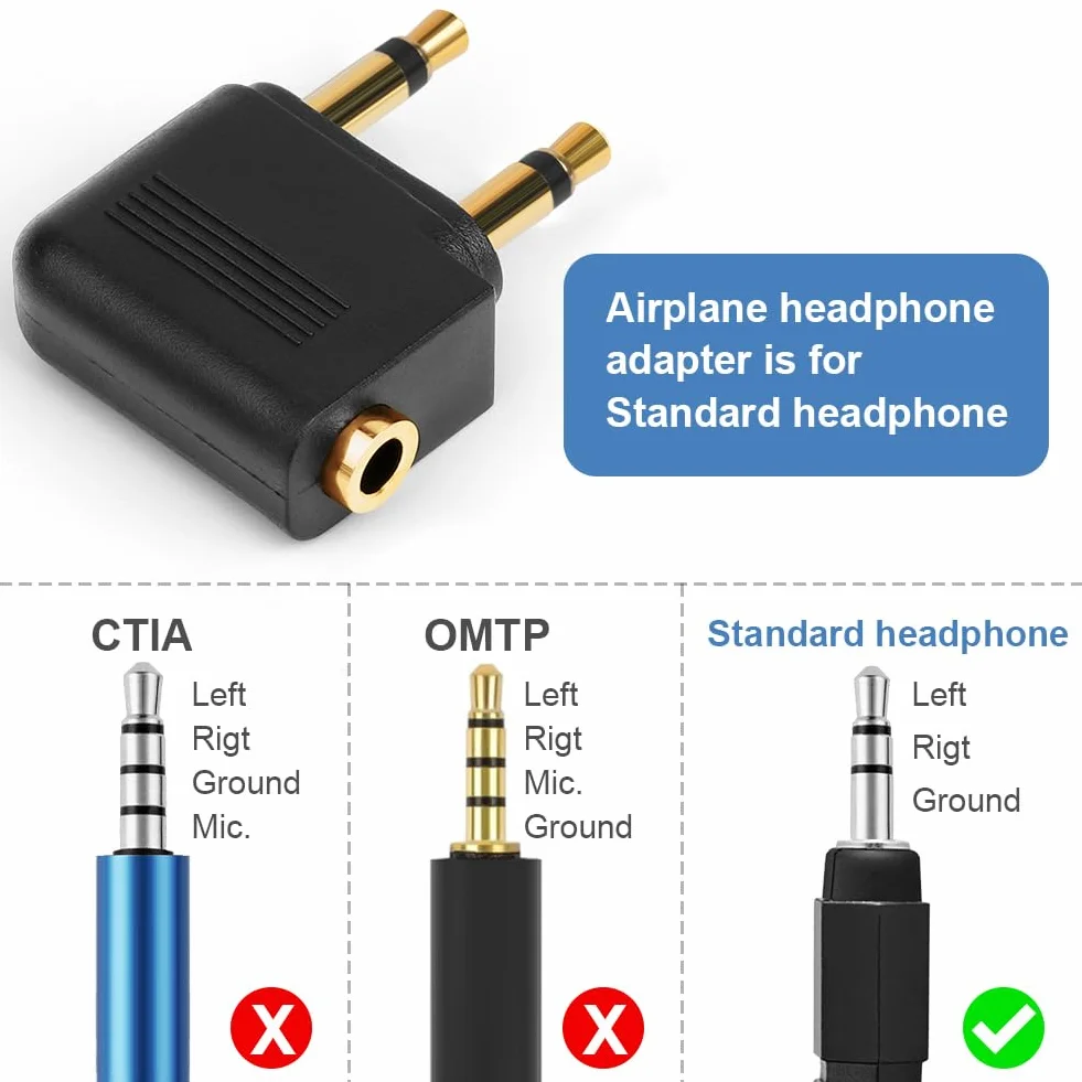 Adaptateurs pour Casque d’Avion Plaqué Or, Lot de 2, 3,5 mm Femelle AUX Audio Jack, Double Jack Adaptateurs Airline
