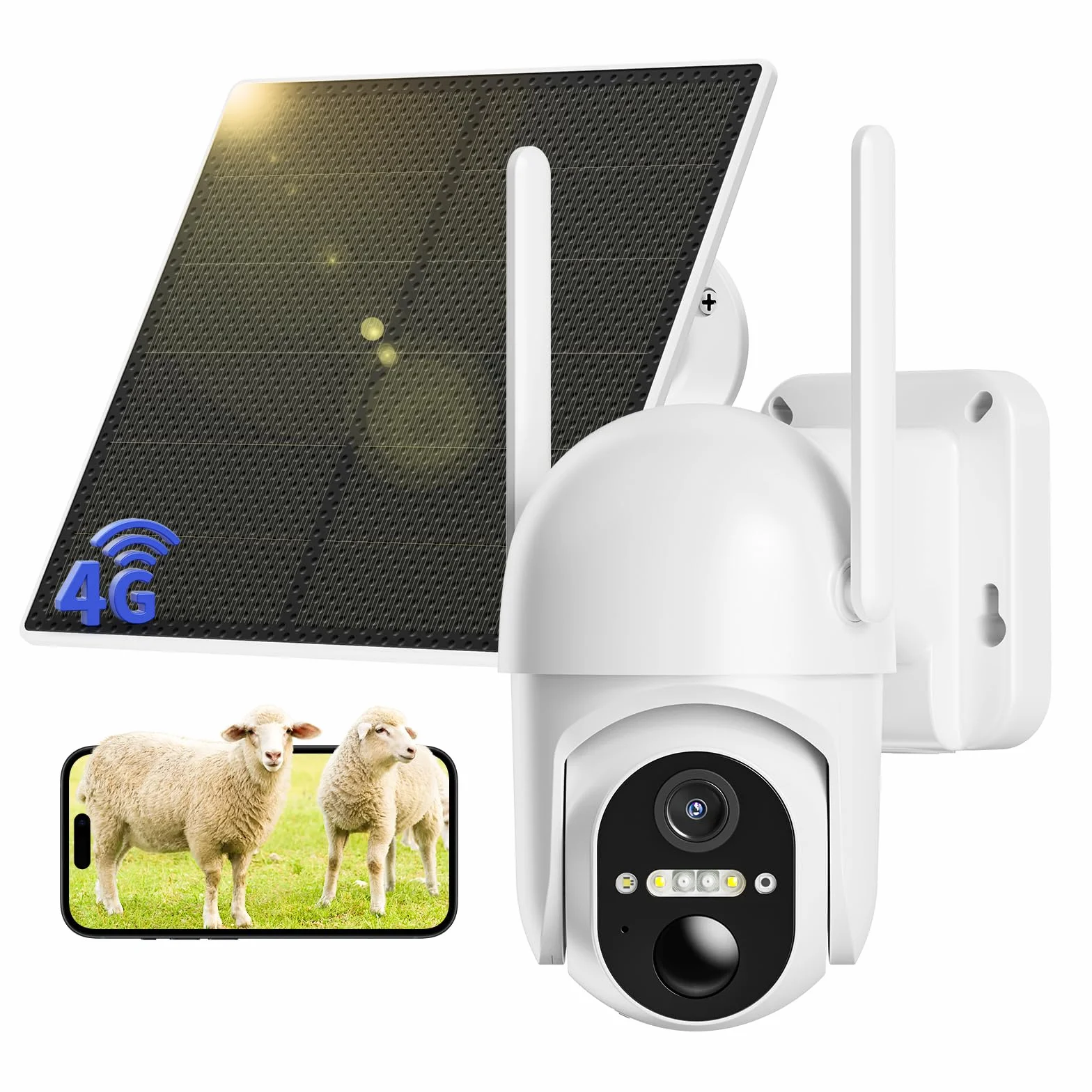 Caméra de Surveillance extérieure 4G LTE- Batterie avec Carte SIM- Caméra PTZ Solaire sans Fil 2K- sans Wi-FI- Pivote à 355°/100°- Vision Nocturne Couleur- Audio- Détection Humaine PIR- IP66