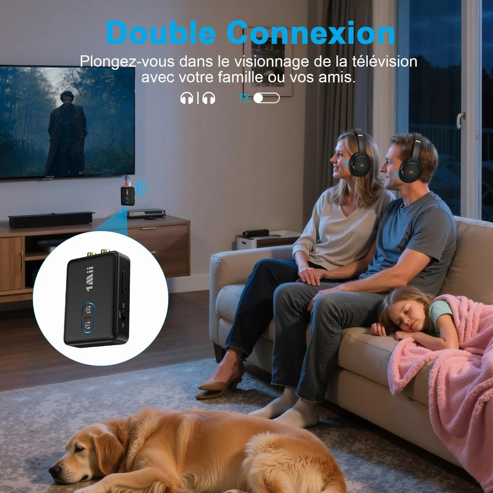 1Mii ML302 Transmetteur Récepteur Audio Bluetooth 5.3, RCA 3.5mm Jack Émetteur Adaptateur Bluetooth pour 2 Casque sans Fil, Son Hi-FI aptX LL/AD/HD pour TV, Chaîne Stéréo, PC, 30H Playtime