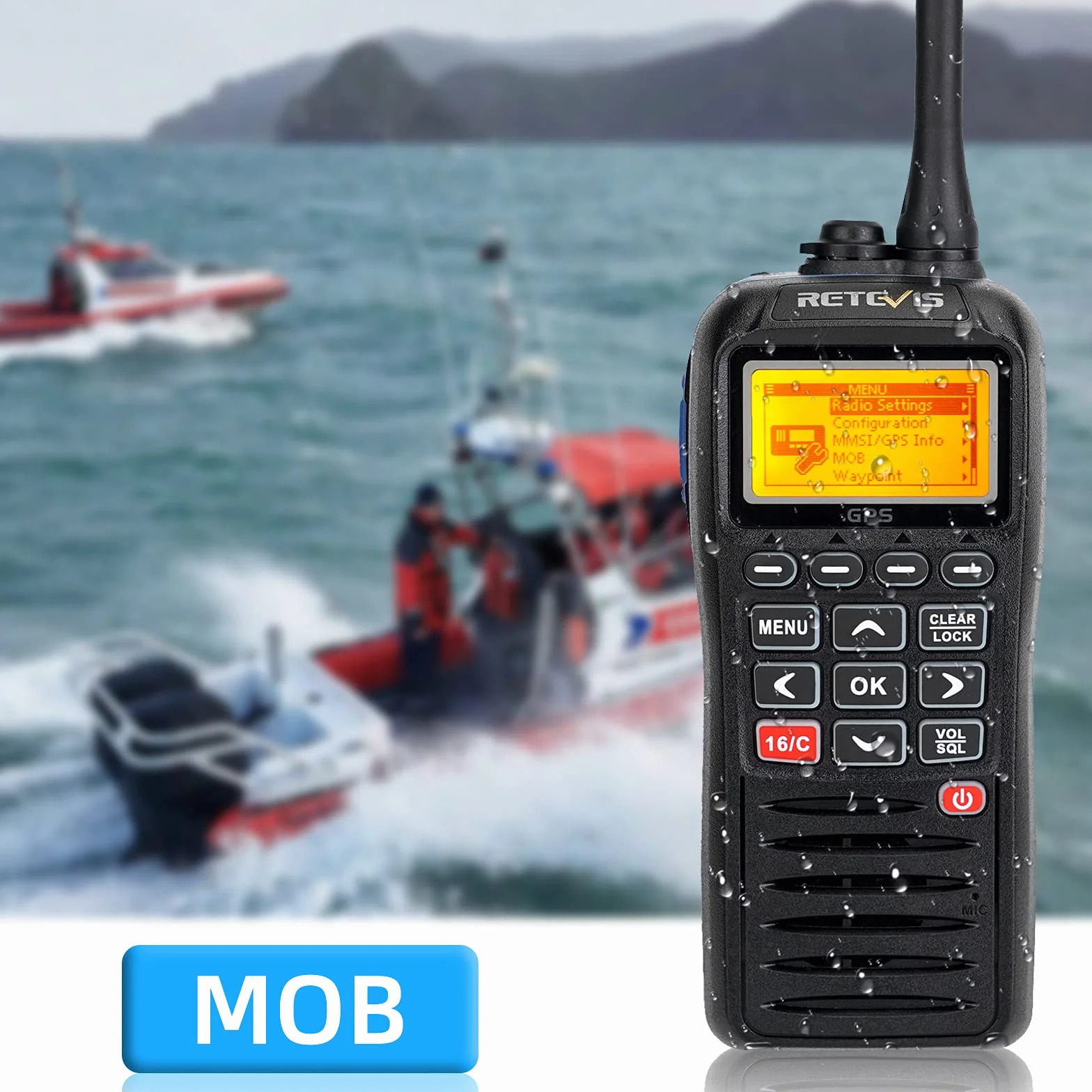Retevis RM40 Talkie Walkie Marine IP67 VHF Marin Portable Flottant GPS Noir