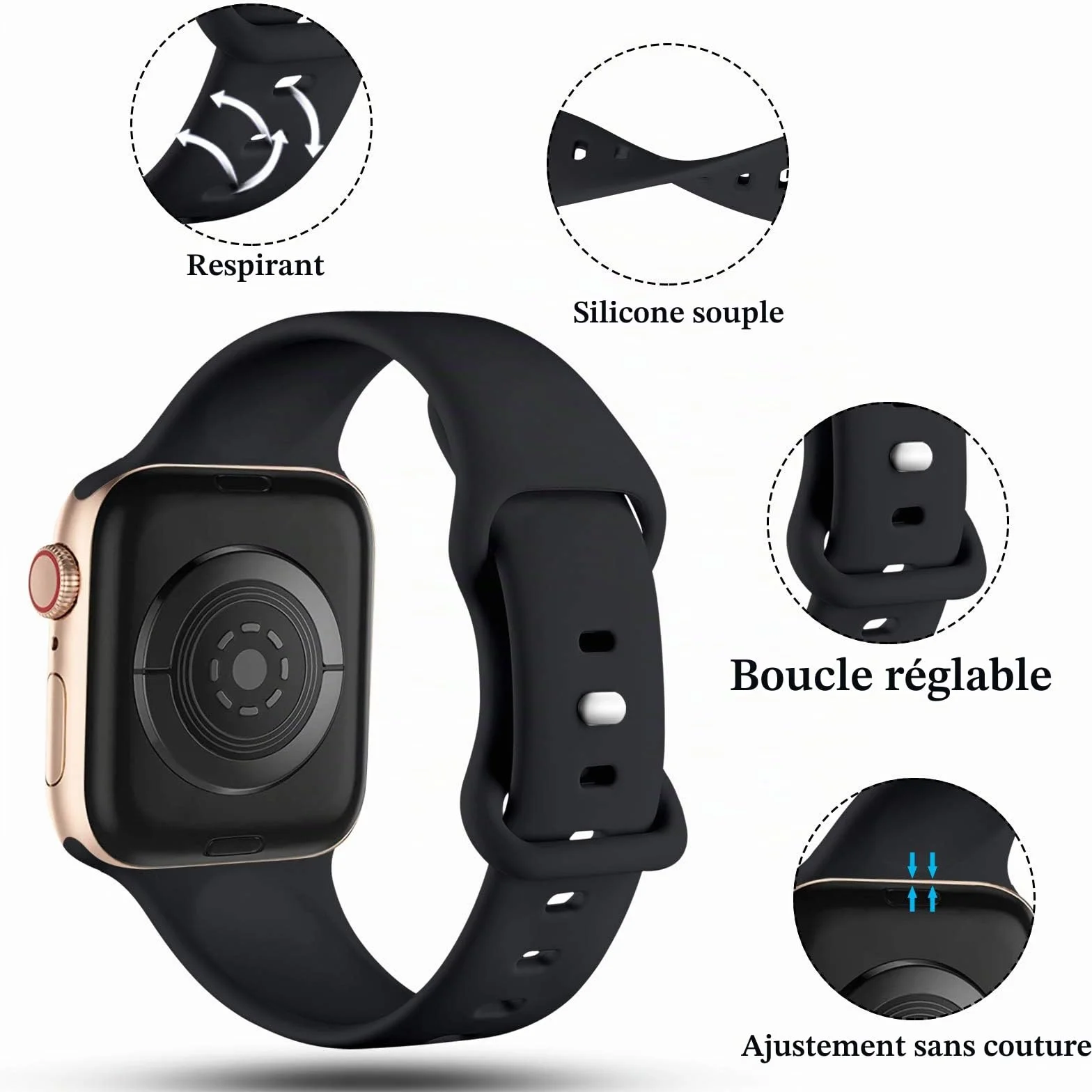 CeMiKa Compatible avec Apple Watch Bracelet 38mm 40mm 41mm 42mm 44mm 45mm 46mm 49mm, Bracelets Silicone de Remplacement pour iWatch SE SE3 Series 11 10 9 8 7 6 5 4 3 2 1, 38mm/40mm/41mm-S/M, Noir