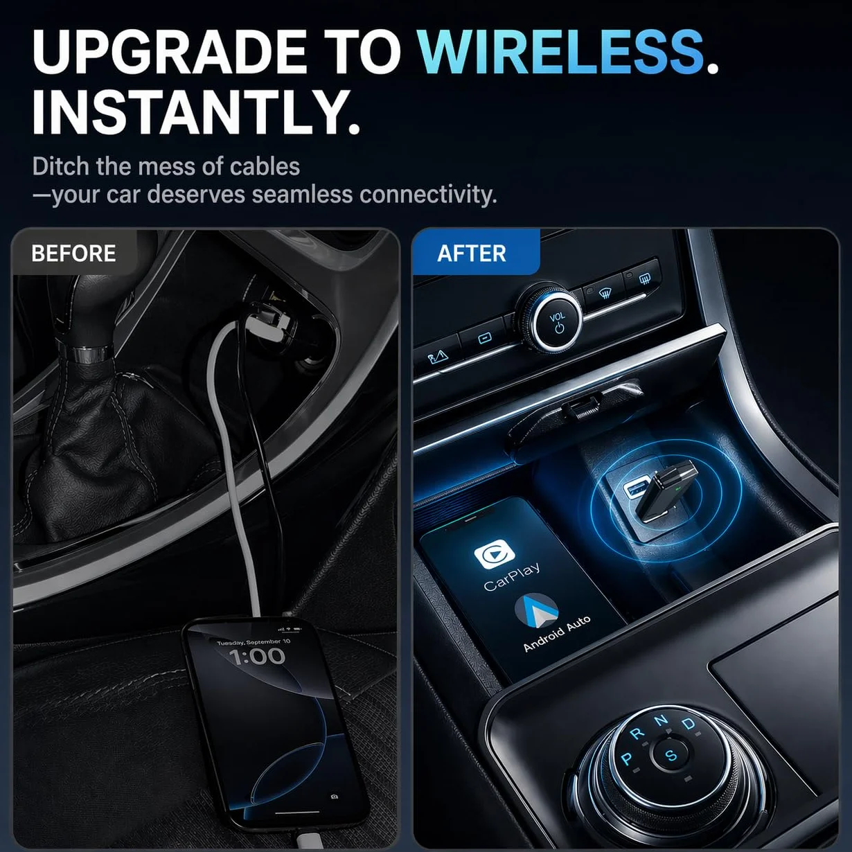 Adaptateur CarPlay sans Fil Android Auto Wi-Fi 5,8GHz Plug & Play iOS 10+ Android 10+ pour Voitures 2016+