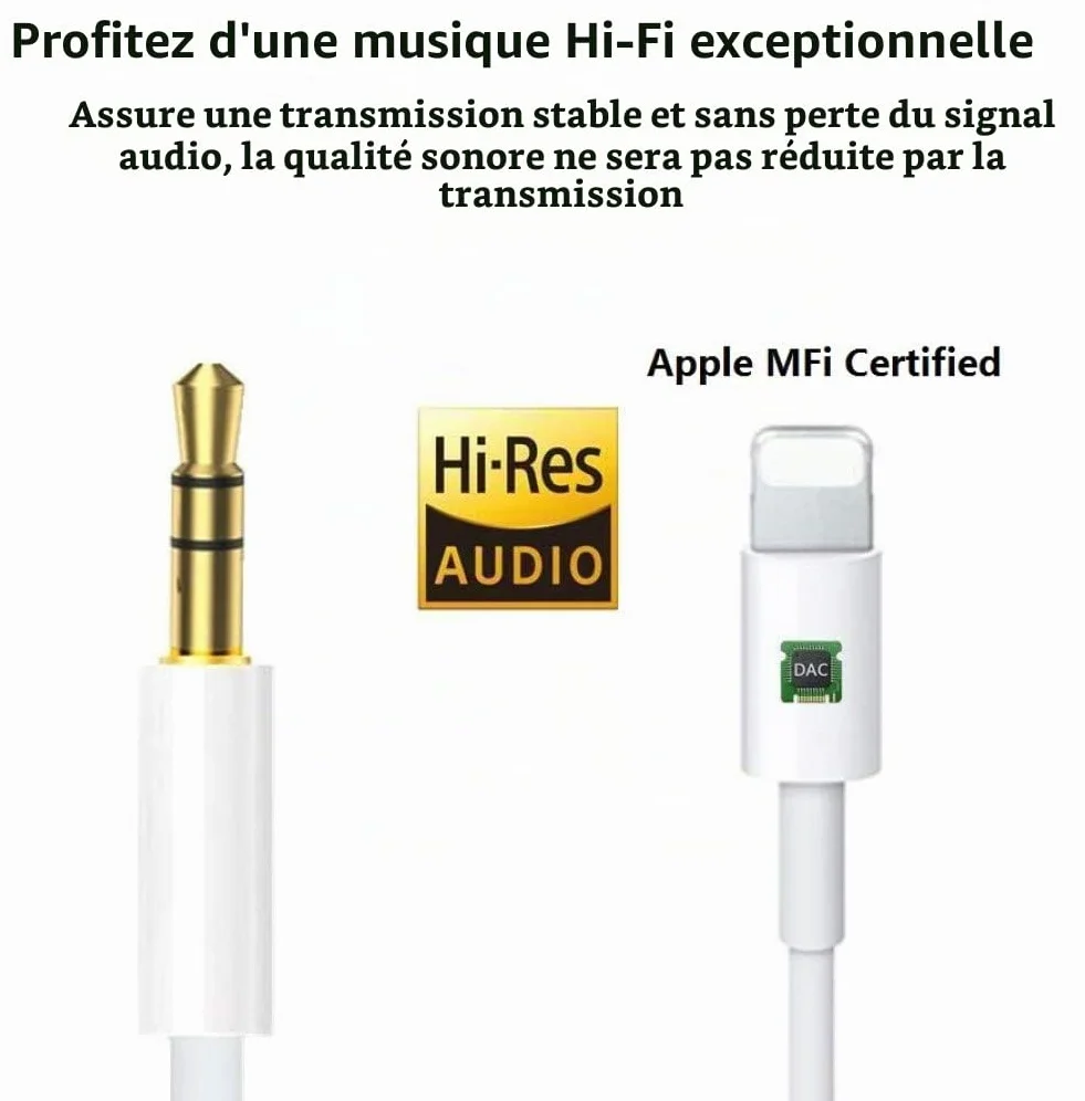 Cordon auxiliaire iPhone voiture adaptateur Lightning vers prise casque 3,5 mm compatible iPhone 14 13 12 11 XS XR X 8 7