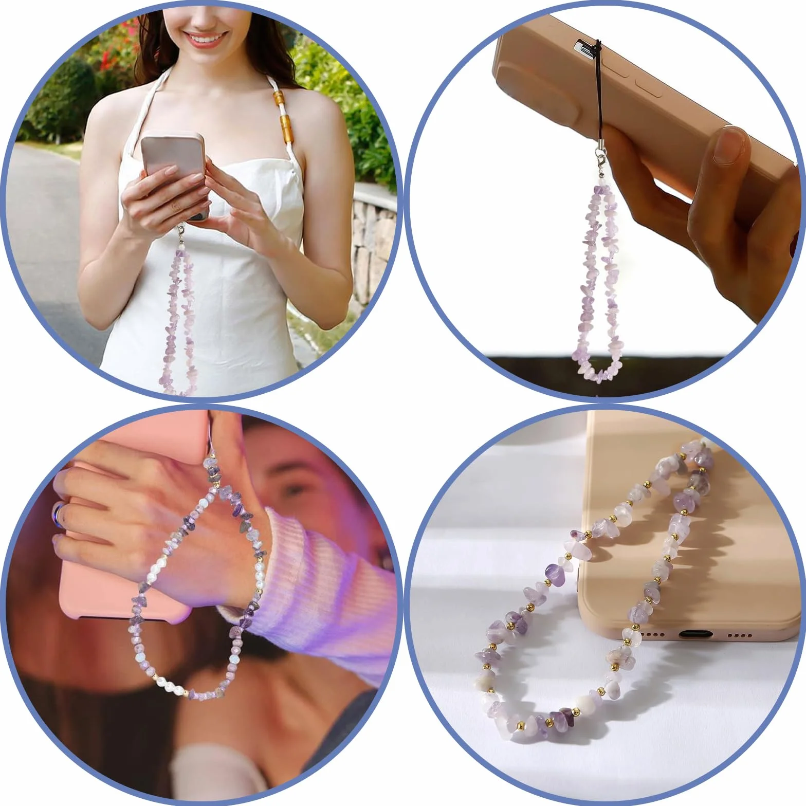 Bracelet téléphone Charme de corde, Dragonne perlée, Sangle chaîne fleur de cristal perlée Anti-perdus
