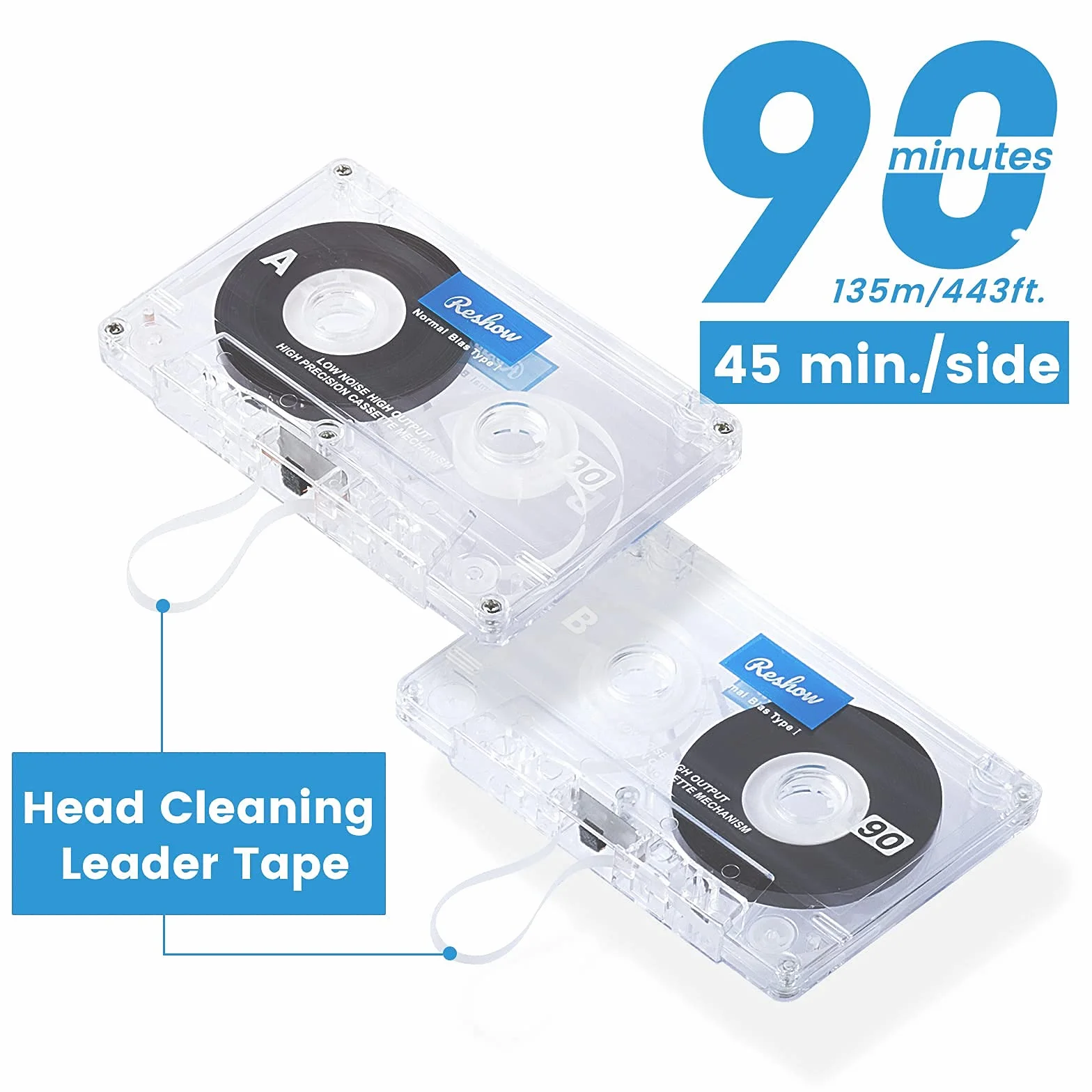 Lot de 5 Cassettes Audio 90 Minutes, Faible Bruit, Haute Puissance, Étui Plastique Transparent pour Enregistrement