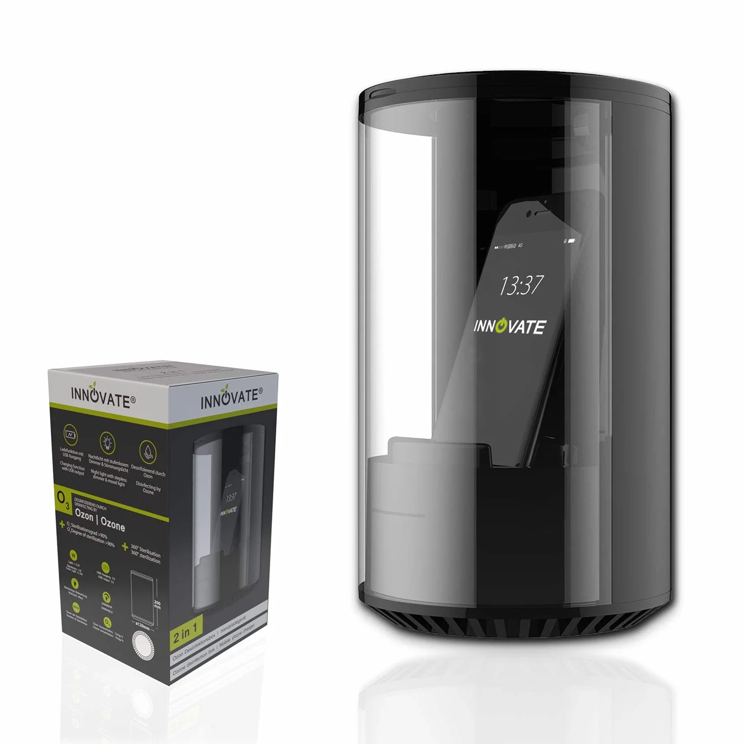 INNOVATE - Boîte de désinfection ozone, stérilisateur, désinfectant pour téléphone portable, clés, smartphone, bijoux, lunettes, etc., éclairage LED, câble USB, port USB