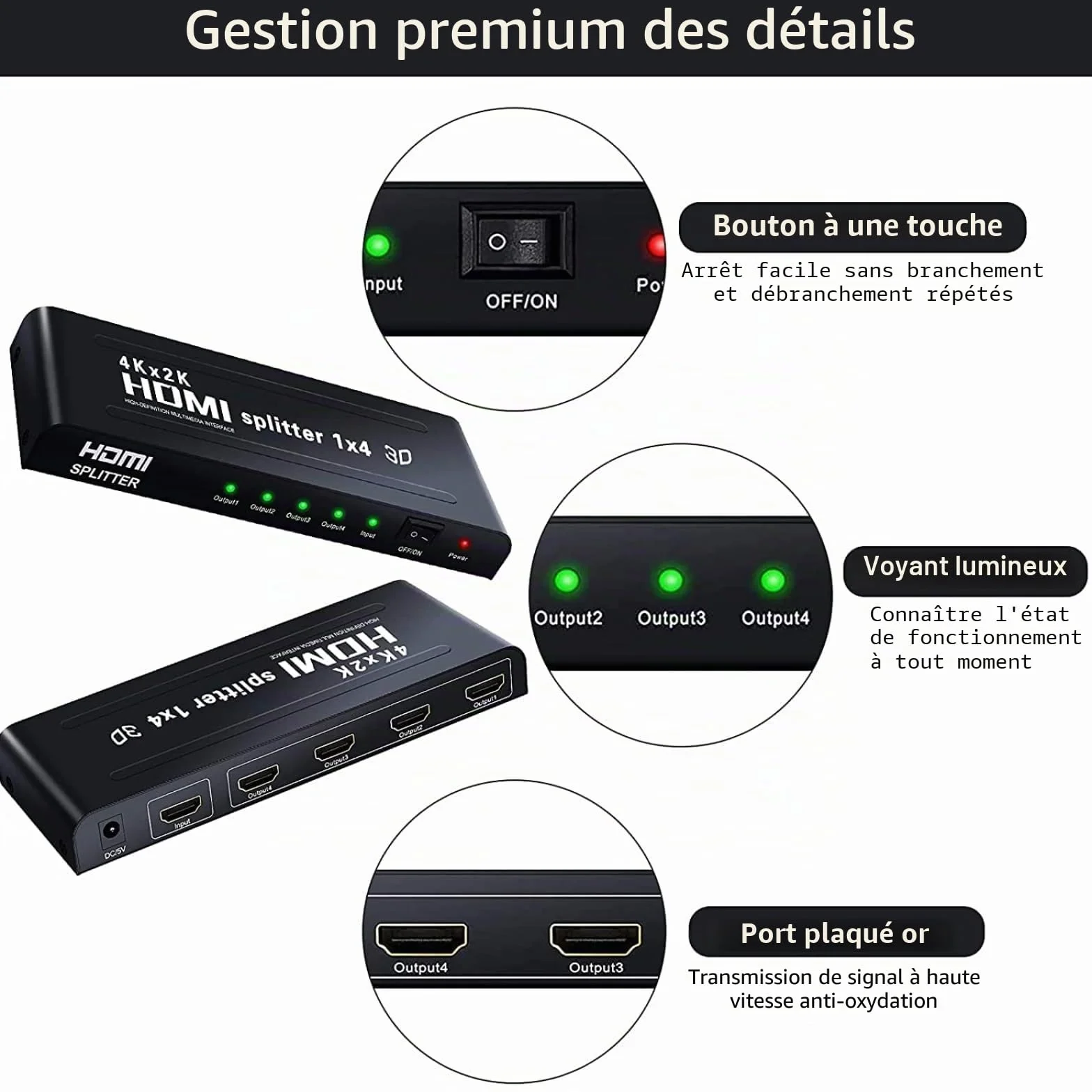 1x4 Splitter HDMI,Ozvavzk Répartiteur HDMI 3D 1 Entrée 4 Sorties Distributeur HDMI Soutien 4K Supporte PC Box HDTV DVD Multimédia Écran Projecteur