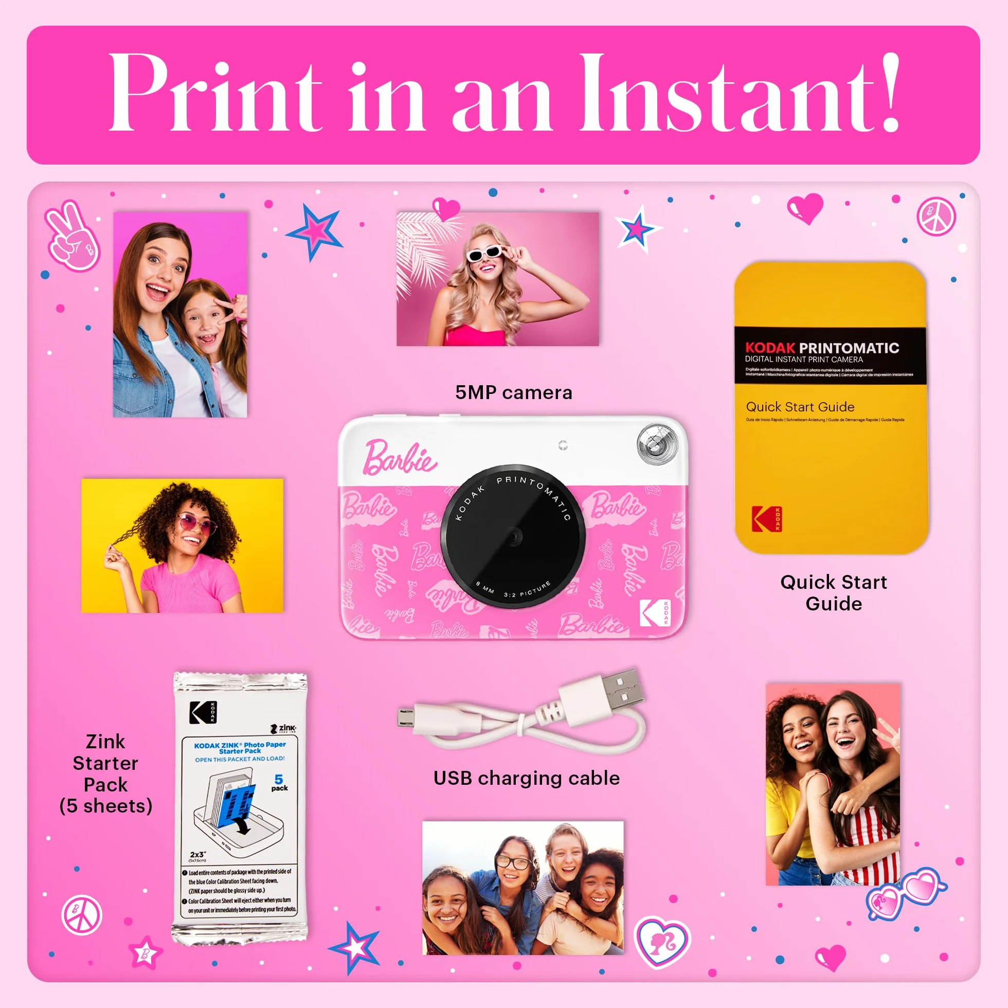 Kodak x Barbie Printomatic Appareil Photo numérique instantané Couleur Appareil Portable Barbie 5 MP, Zink 2x3 (5,1 x 7,5 cm) Papier Photo à Dos adhésif, Style Signature