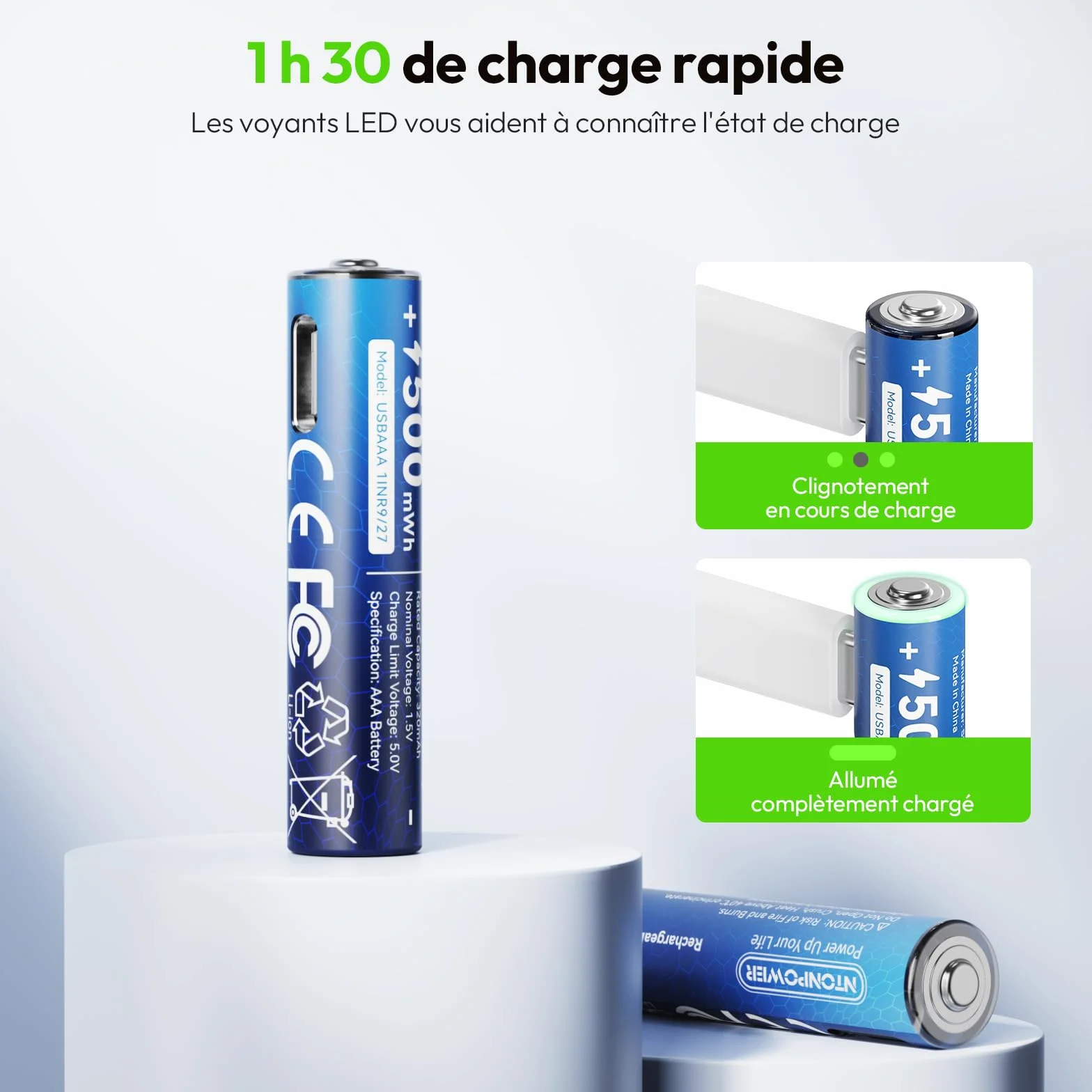 NTONPOWER Piles Lithium AAA 1,5 V 500 mWh, Rechargeables USB-C avec câble, Lot de 4, pour Lampe Torche