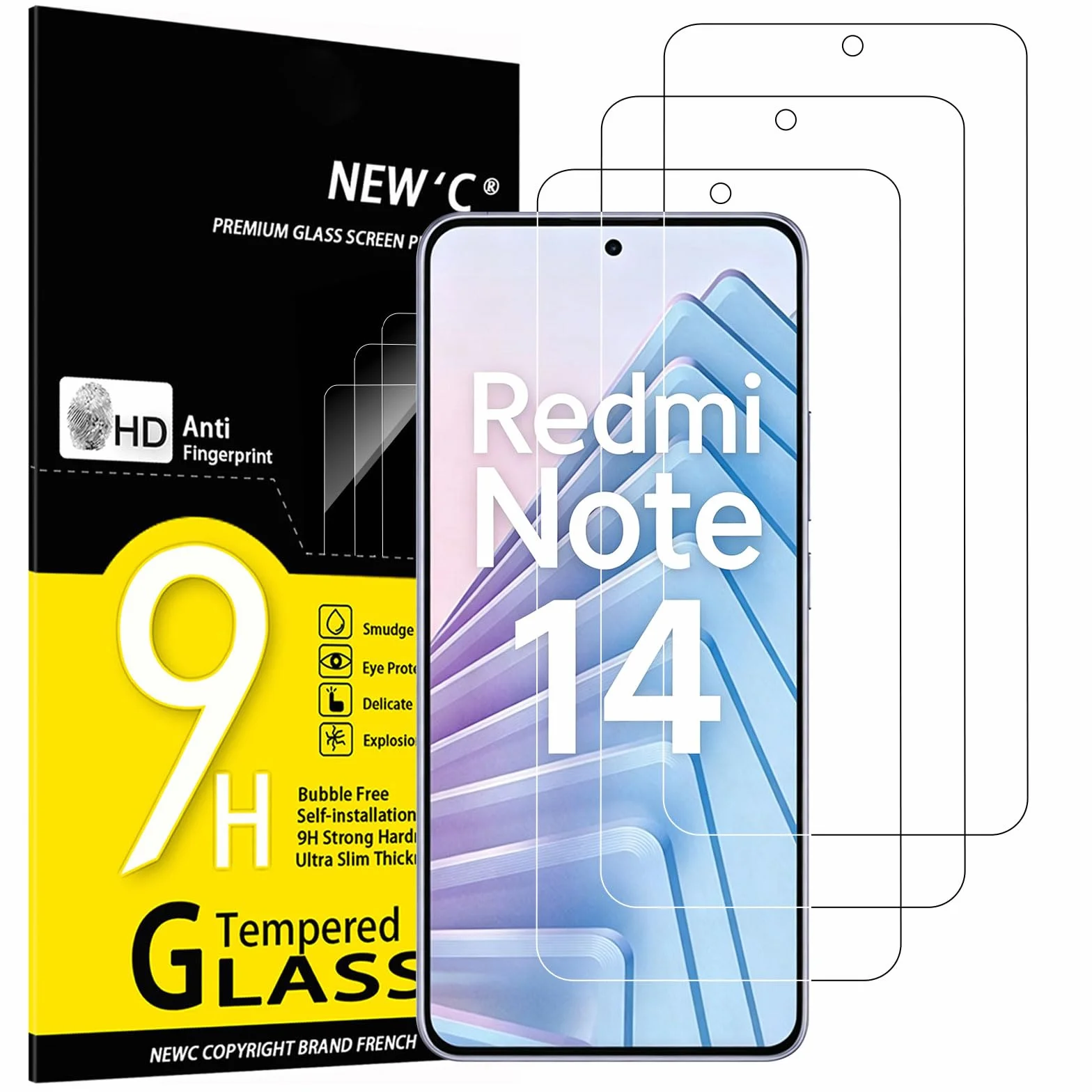 NEW'C Lot de 3, Verre Trempé pour Xiaomi Redmi Note 14 5G/4G, (non compatible avec Xiaomi Redmi Note 14 Pro 5G) Protection écran efficace contre les Rayures - sans Bulles - Ultra Résistant