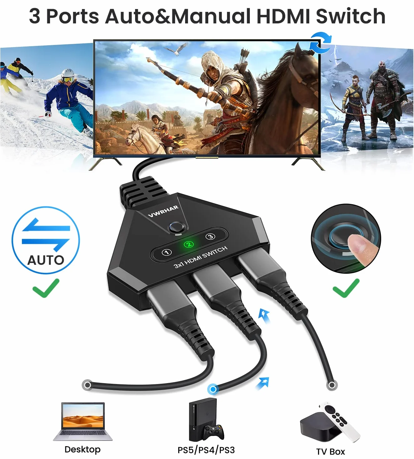 Switch HDMI, Multiprise HDMI Switch 4K 3 Entrée 1 Sorties Multi HDMI avec Câble Haute Vitesse, Commutateur HDCP 2.2 UHD/3D/4K pour TV Fire Stick, PS5,Sky Box,X Box,Games Consoles,DVD,PC,Roku Etc