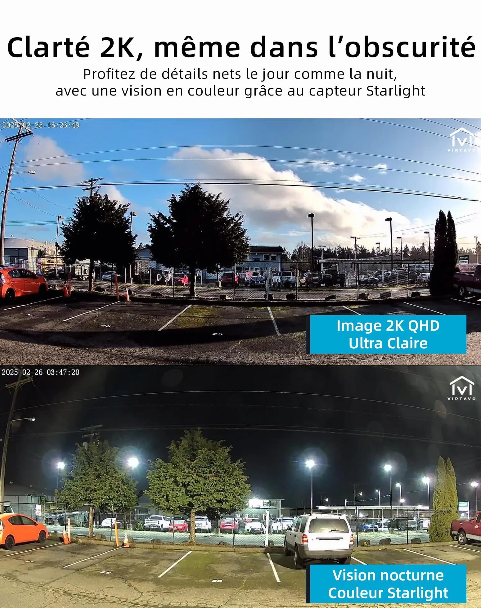 VIRTAVO 2K Camera Surveillance WiFi Extérieure sans Fil Batterie, Vision Nocturne Couleur Starlight, PIR Détection Mouvement, Étanche, Audio Bidirectionnel, VF1
