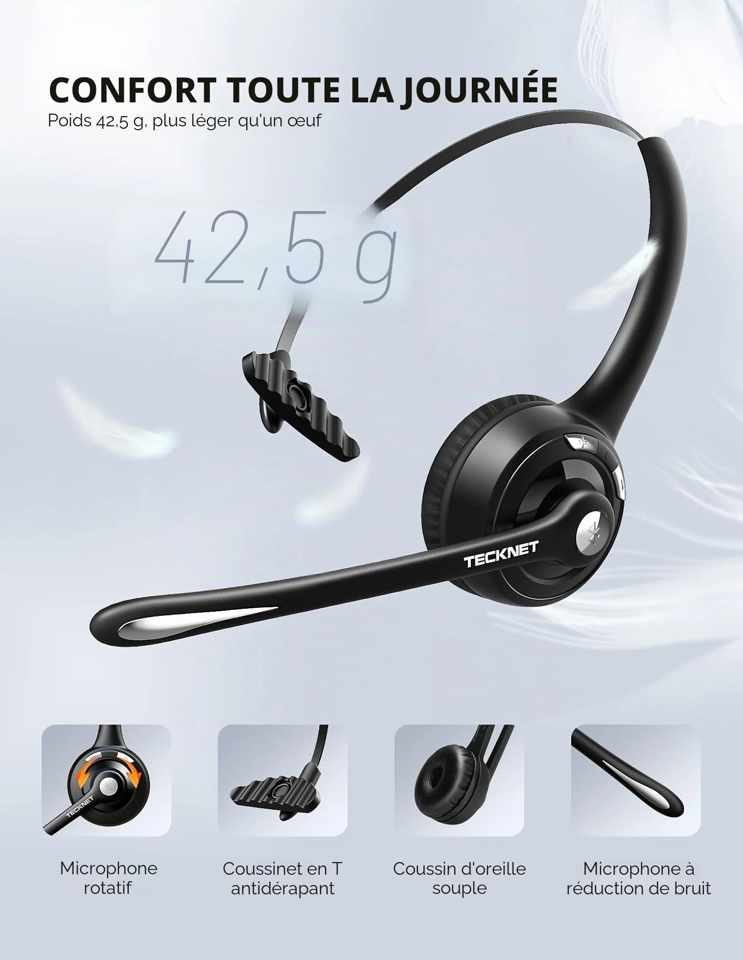 TECKNET Casque Bluetooth sans Fil avec Microphone Antibruit Mains Libres