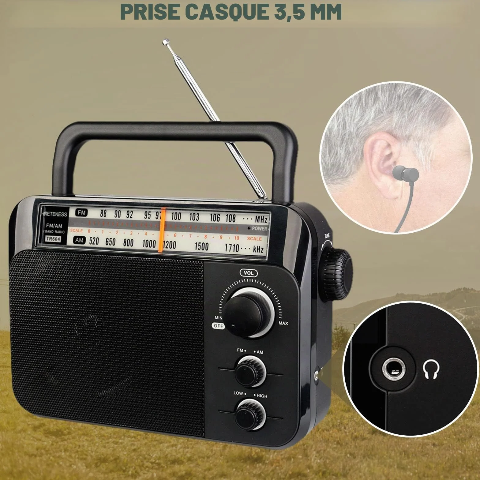 Retekess TR604 Radio Portable FM, Poste Radio Pile et Secteur, Excellente Réception Antenne, Transistor, Enceinte, Prise Casque, Grand écran,en Cadeau, pour Personnes Âgées