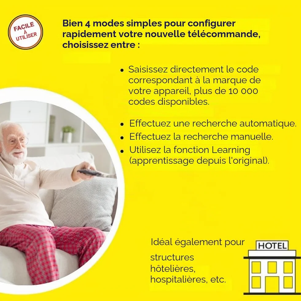 Télécommande Universelle TV Digiquest Easy avec Grandes Touches, Facile à Utiliser, idéale pour hôtels, hôpitaux, EHPAD et Personnes âgées