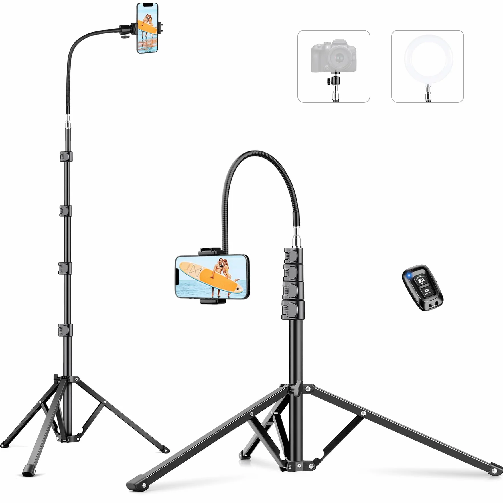 Victiv 224cm Haute Trepied Smartphone, Trépied Téléphone en Aluminium avec Col de Cygne Réglable, Télécommande, Support Telephone, Extensible Trépieds Appareil Photo avec Rotule à 360° pour DSLR Canon
