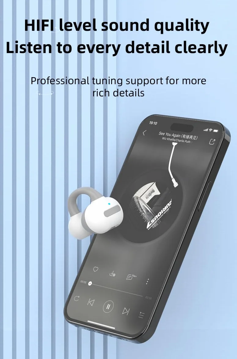Oreillette Bluetooth V5.2 sans Fil - 70 mAh, 15H Lecture, 10H Communication, Micro Intégré, Clip Oreille Ouvert, Charge USB-C en 2H, Légère