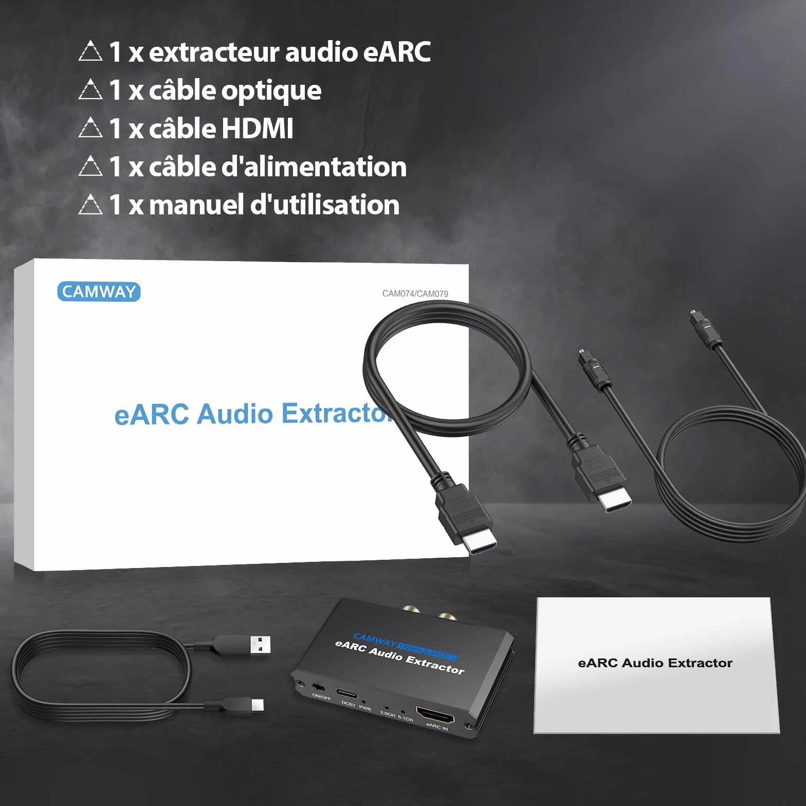 CAMWAY eARC Extracteur audio HDMI ARC/eARC vers fibre optique, RCA, convertisseur audio 3,5 mm, prend en charge le son surround 5.1, installation facile pour barre de son, amplificateur, casque