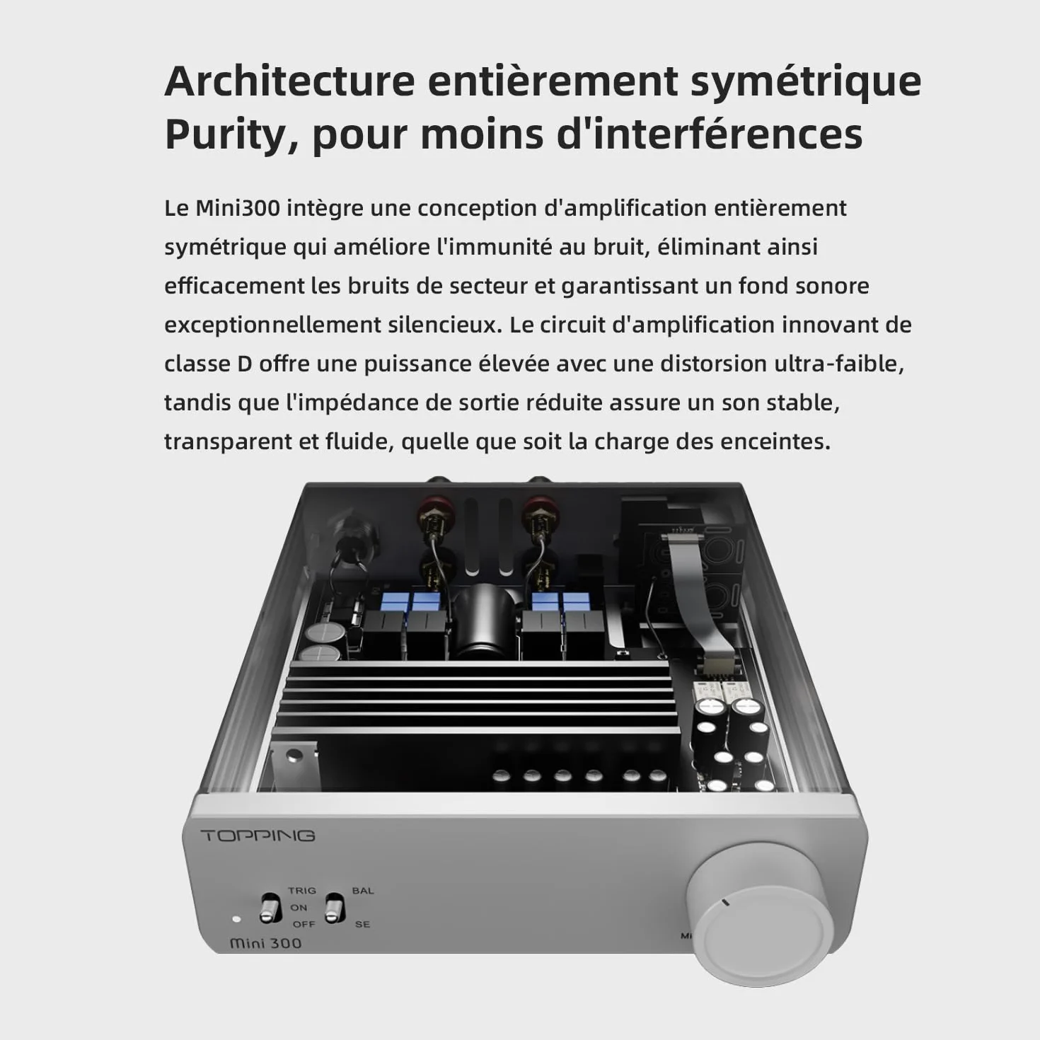 Topping Mini300 Amplificateur de bureau entièrement symétrique 140 W Compact Classe D Amplificateur de bureau avec entrée RCA/TRS, amplificateur Hi-Fi pour enceintes domestiques, argenté