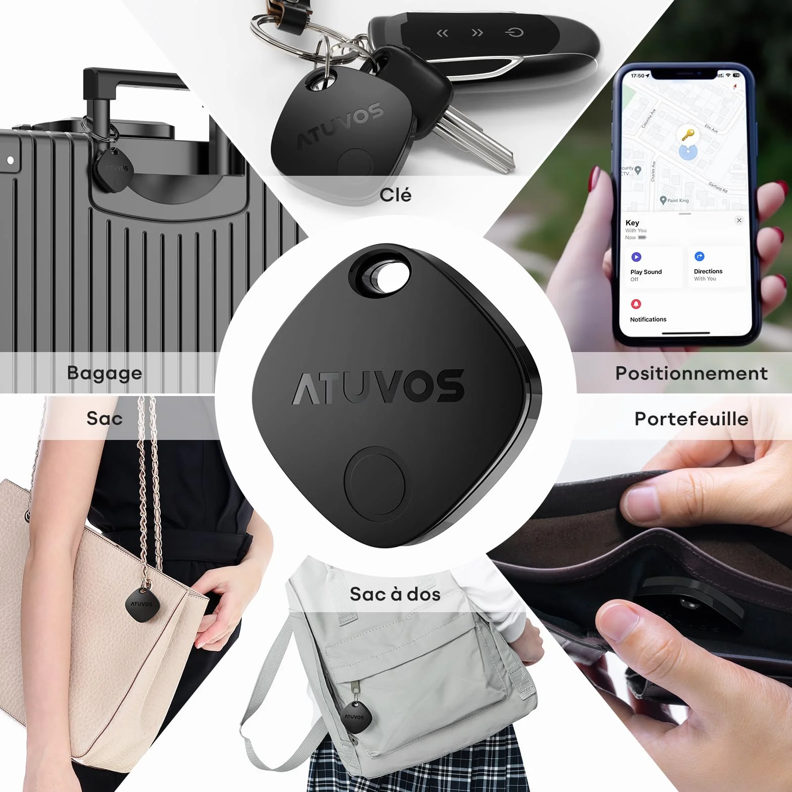 ATUVOS Air Tag Traceur Lot de 4, Fonctionne avec l’app Localiser Apple (Uniquement iOS), Localisateurs D’Objets Bluetooth pour Valises/Portefeuilles/Clés/Sacs/Bagages, Batterie Remplaçable, Noir