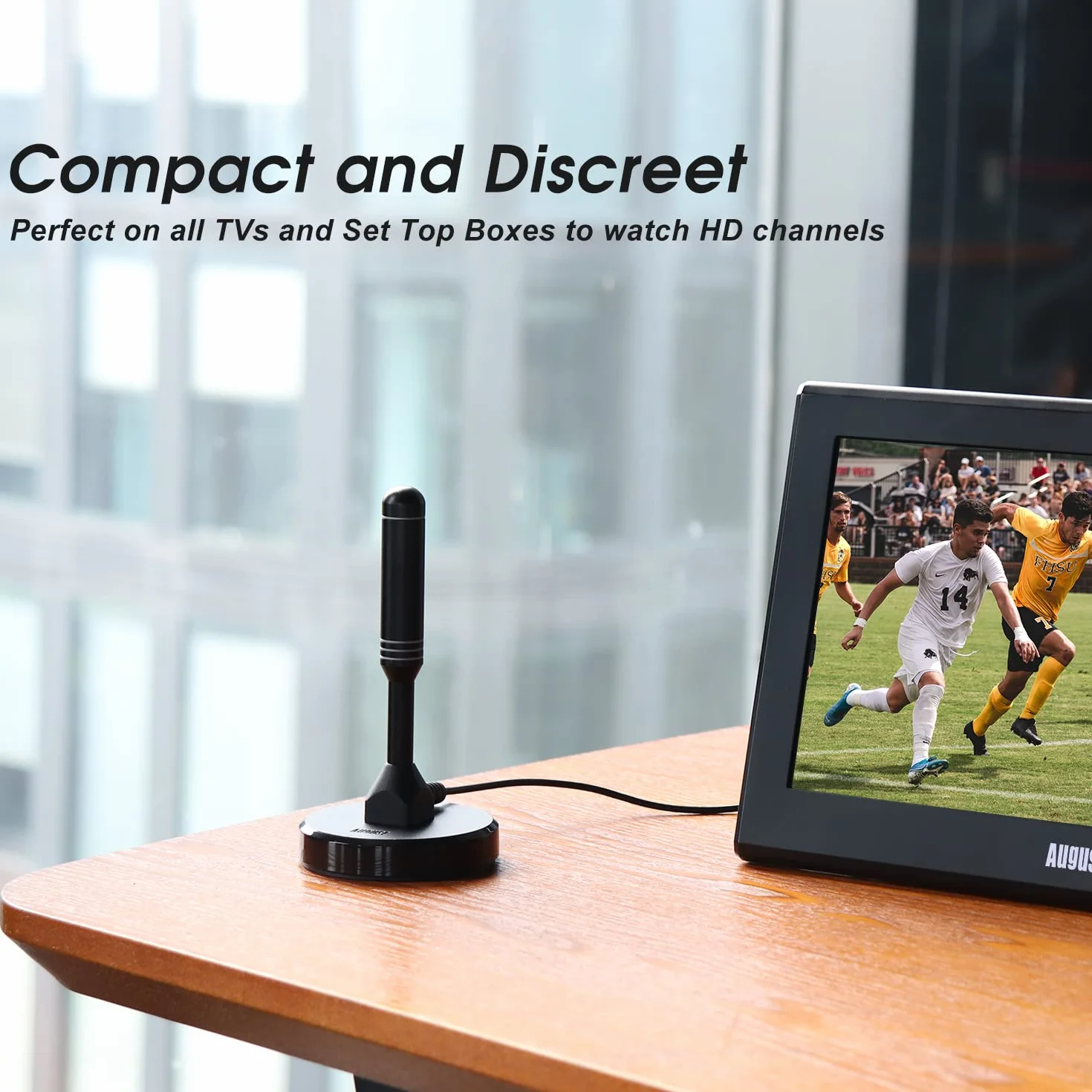August DTA240 - Antenne TV Interieur TNT HD Puissante - Digital et Numérique UHD France, Magnétique Aimantée, Petite, Portable, Discrète, UHF VHF Salon, Caravane Camping-Car, 2m de câble - Noir