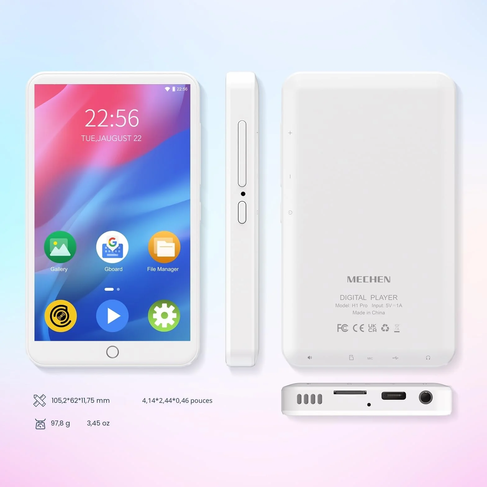 MECHEN Lecteur MP3 Spotify Bluetooth MP4 Radio WiFi Android 9.0 Écran Tactile 4 Pouces Blanc