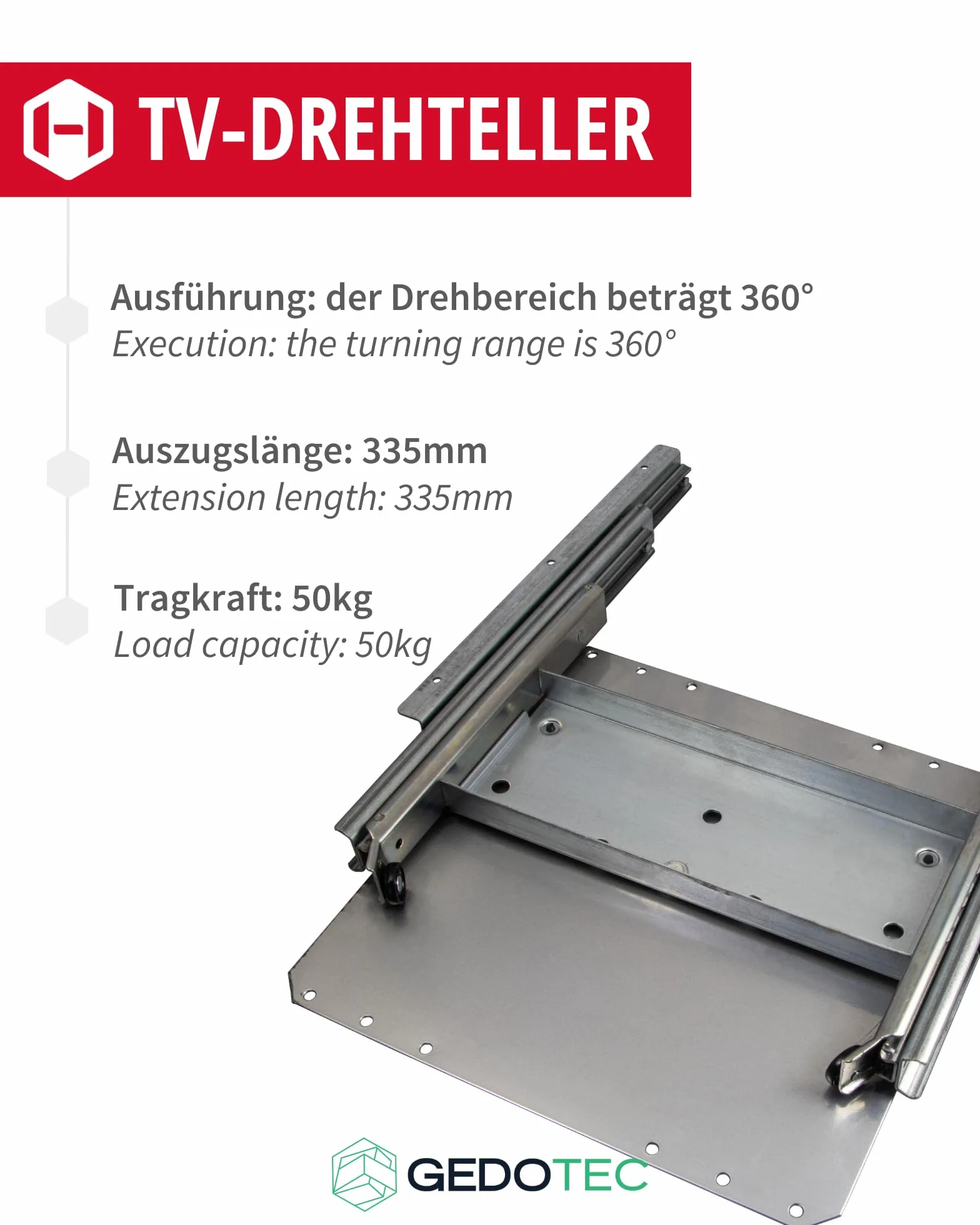 Gedotec Plateau TV pivotant Extension TV pivotante à Visser sur Tablette | Extension d'armoire Charge admissible 50 kg | Extension Totale avec Plateau tournant argenté | Longueur d'extension 335 mm