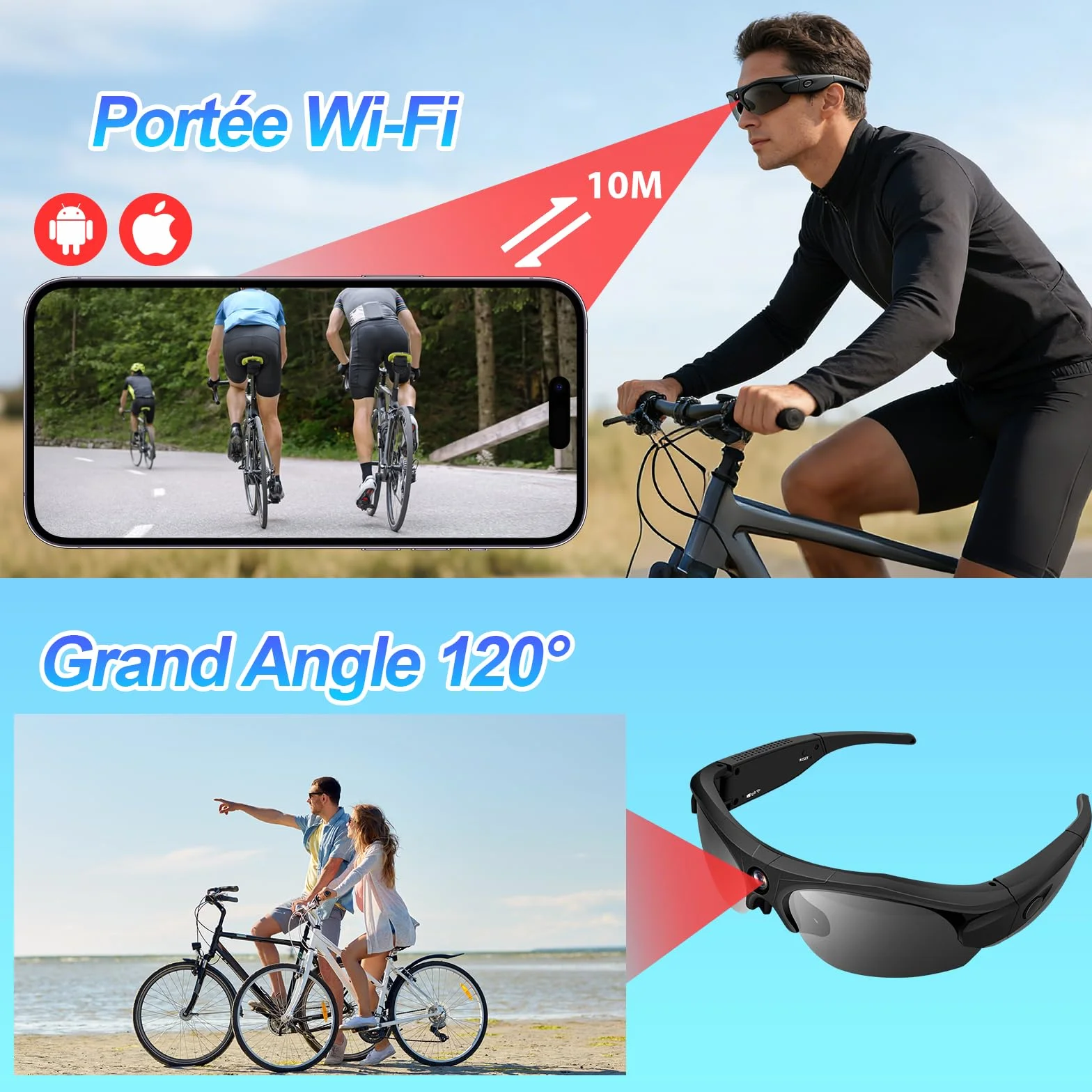 TANGMI Lunette Camera Sport 1080P HD Grand Angle 120° WiFi Enregistrement 2 Heures Cyclisme Ski Plein Air