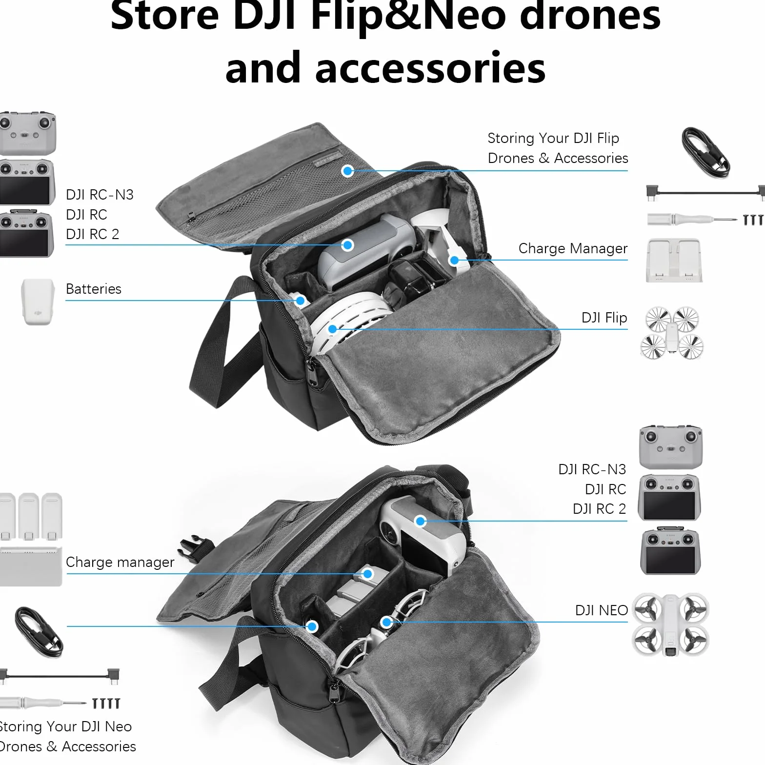 FPVtosky Mini Sac de Voyage pour DJI Lito 1, Lito X1, Flip, Neo 2, Mini 5 Pro, 3, 4 Pro, RC 2, Batteries et Accessoires