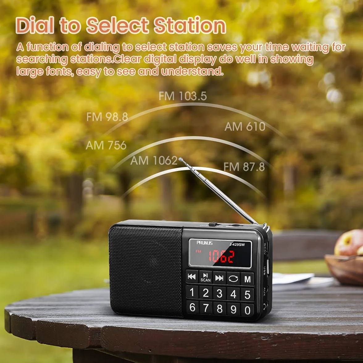 PRUNUS J-429 Petite Radio Portable Rechargeable FM/AM/SW/USB/MP3 Mini Haut-parleur Gros Boutons Grand écran