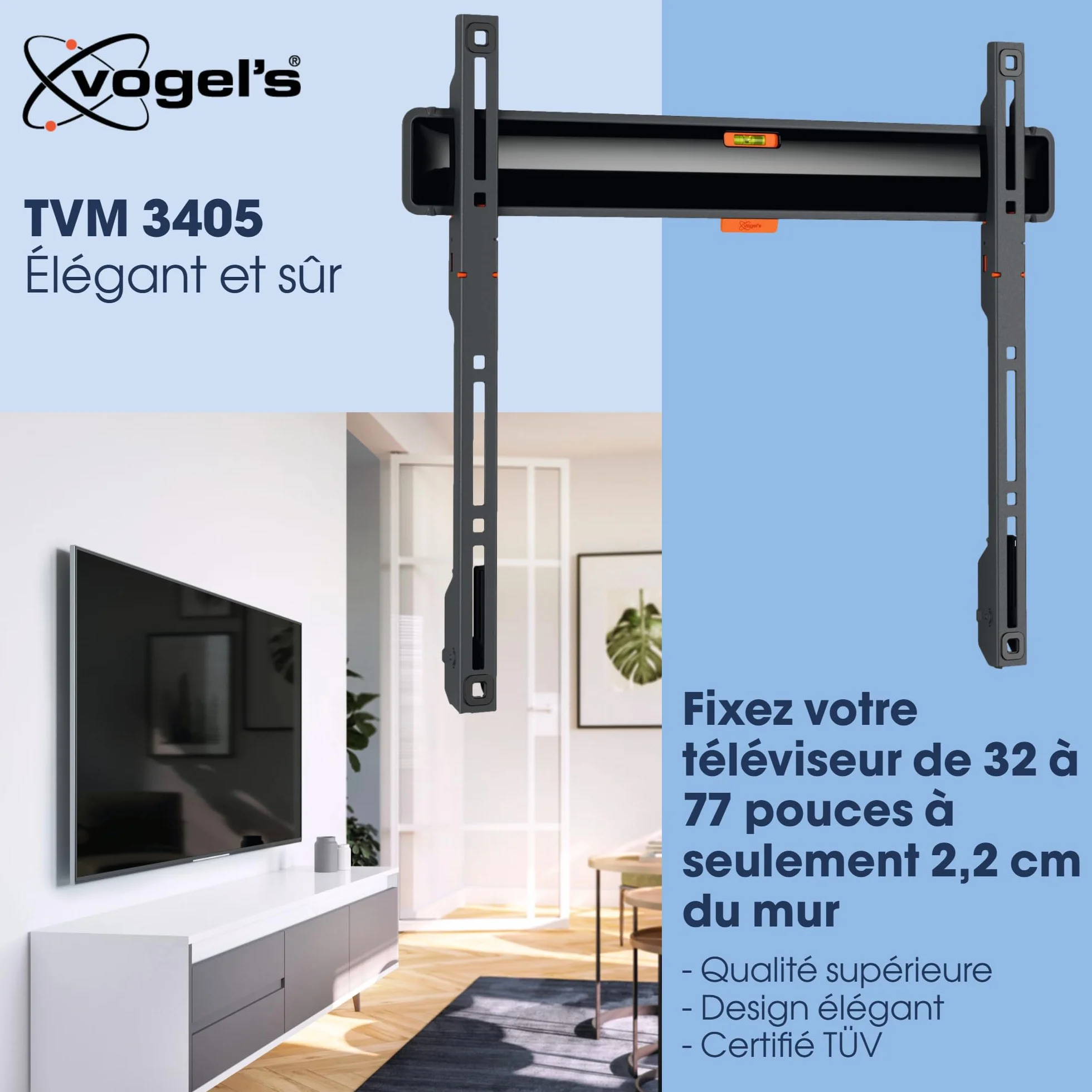 Vogel's TVM 3405 Support Mural TV Plat pour téléviseurs de 32-77 Pouces, Max. 50 kg, Support TV Max. VESA 400x400, Compatibilité Universelle, Distance au Mur de Seulement 2,2 cm