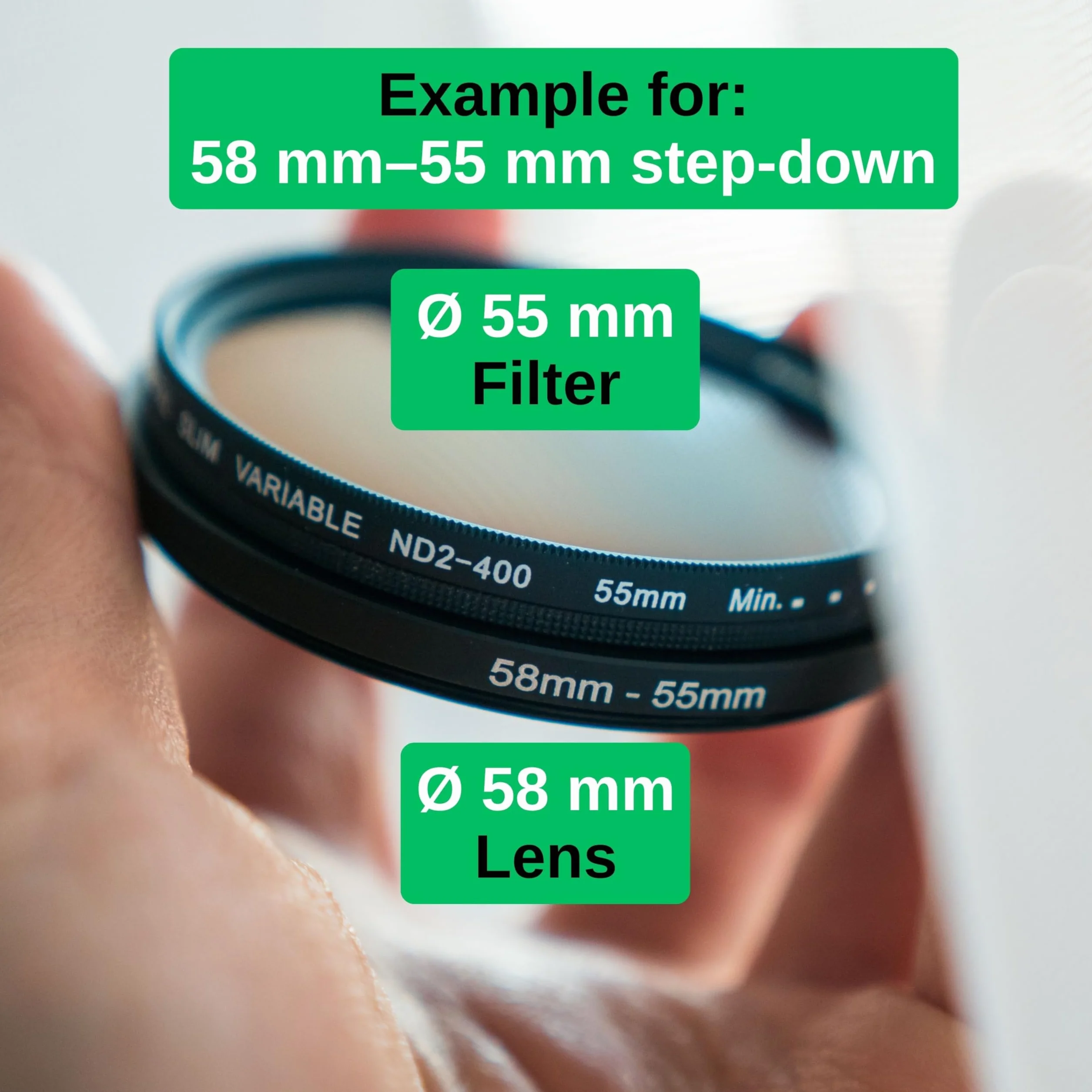Step Down Ring, Ø 58 à 55 mm de diamètre, Compatible avec Les objectifs de Fabricants tels Que Canon, Sony, Nikon, Fujifilm, Adaptateur de Filtre pour Objectif d'appareil Photo, Step-Down Ring alu