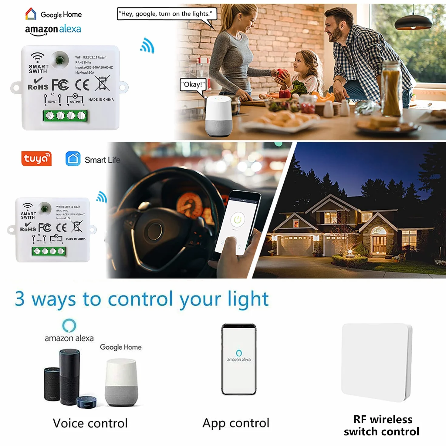 DieseRC Mini commutateur WiFi sans fil télécommande RF 2500W 10A 3 récepteurs avec 1 interrupteur mural sans fil contrôle intelligent via l'application Tuya compatible avec Alexa/Google Home
