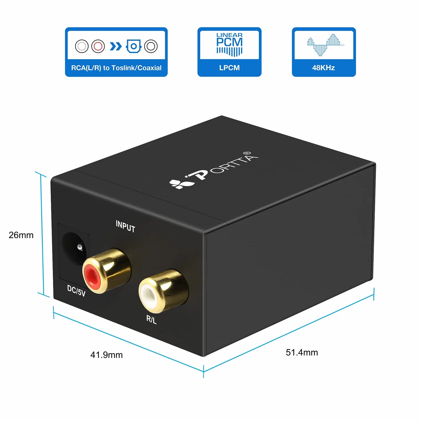 Convertisseur Analogique-Numérique, Portta Adaptateur Audio Analogique à Numérique ou Converter Audio RCA-Numérique - Prise de câble et mode RCA vers SPDIF / Toslink / Optique / Coaxial pour casques PS3 HDTV Xbox 360 HDTV Blue Ray Sky HD DVD Apple TV de P