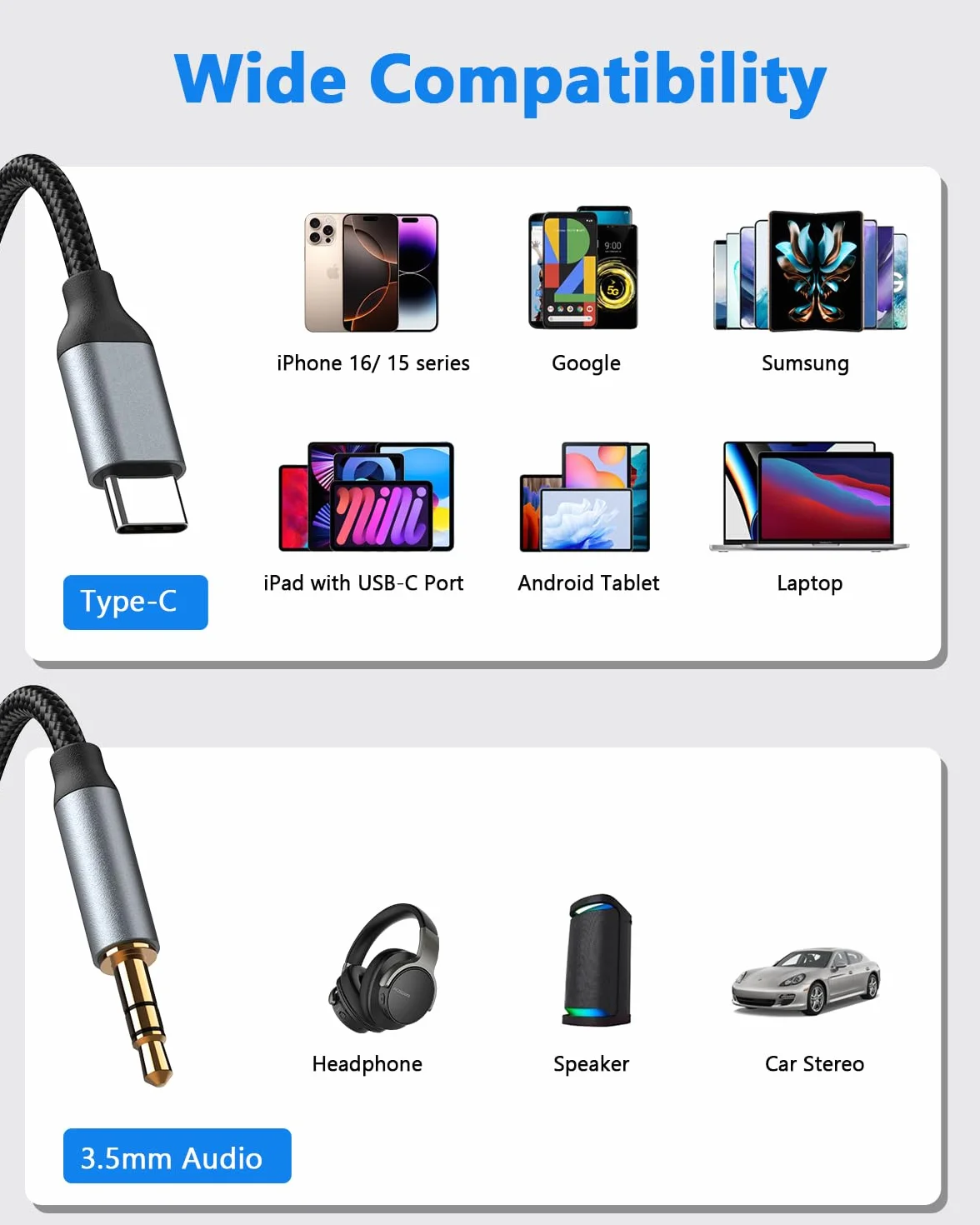 Câble USB C vers 3.5mm Jack 1.2M Adaptateur Stéréo pour iPhone 17 16 15 Samsung Galaxy S23 S22 S21 Note 20 Huawei P40 P30