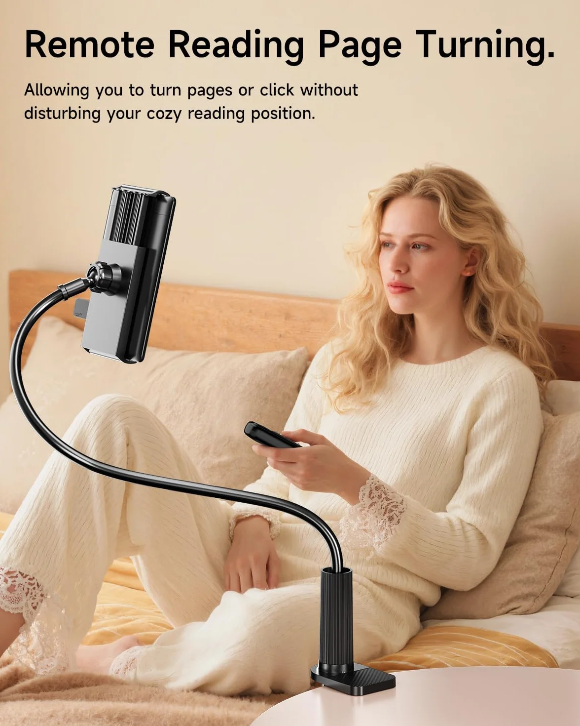 Support Kindle avec tourne-page à distance, support de lecture pour lit, bureau avec clic, pour Kindle Paperwhite, Oasis, iPad, iPhone et plus encore, tourne-page noir