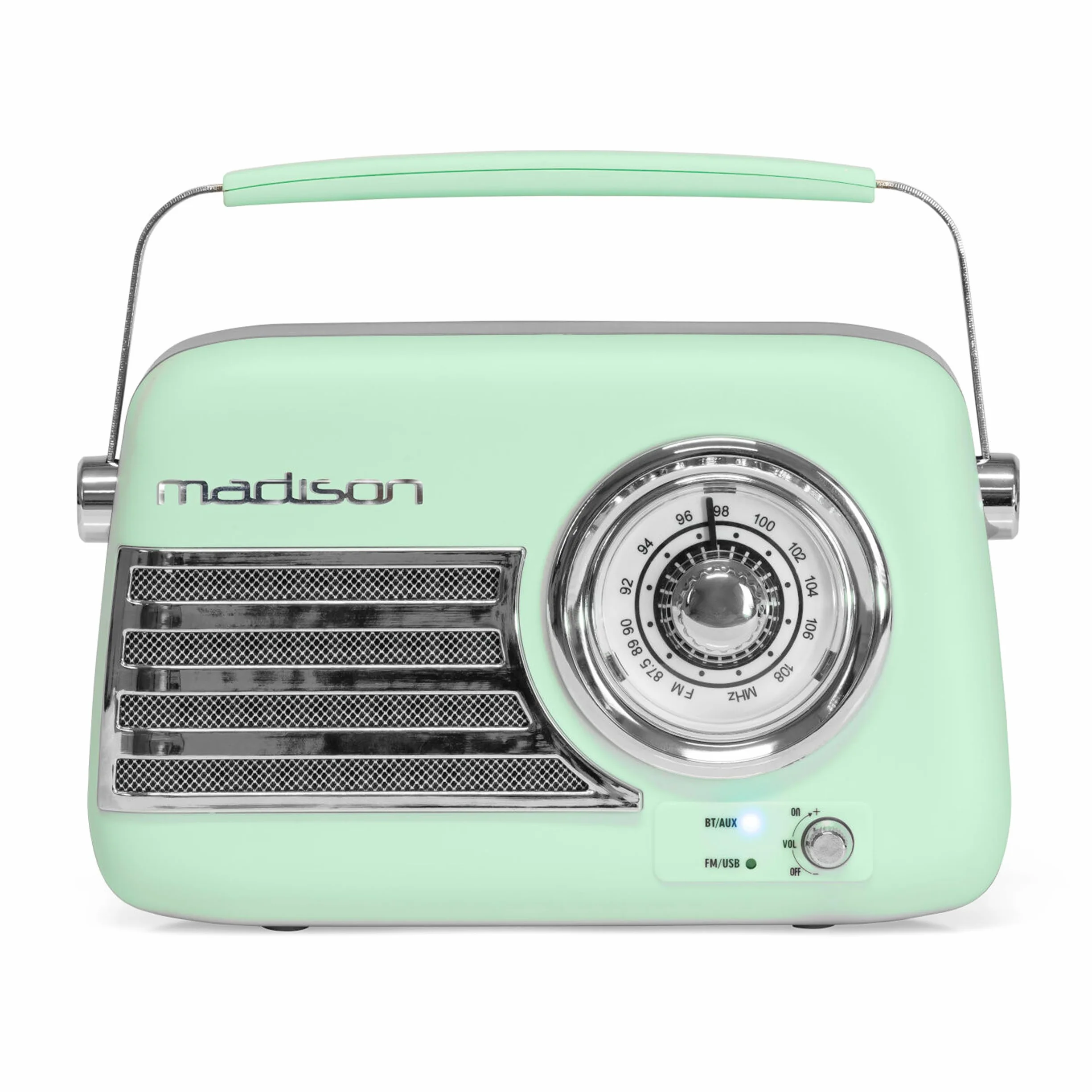Madison - FREESOUND-VR40GR-MAT - Radio Vintage 30W sur Batterie Longue autonomie - Bluetooth, USB & FM - Vert pâle Mat - Vintage, Nostalgie, rétro