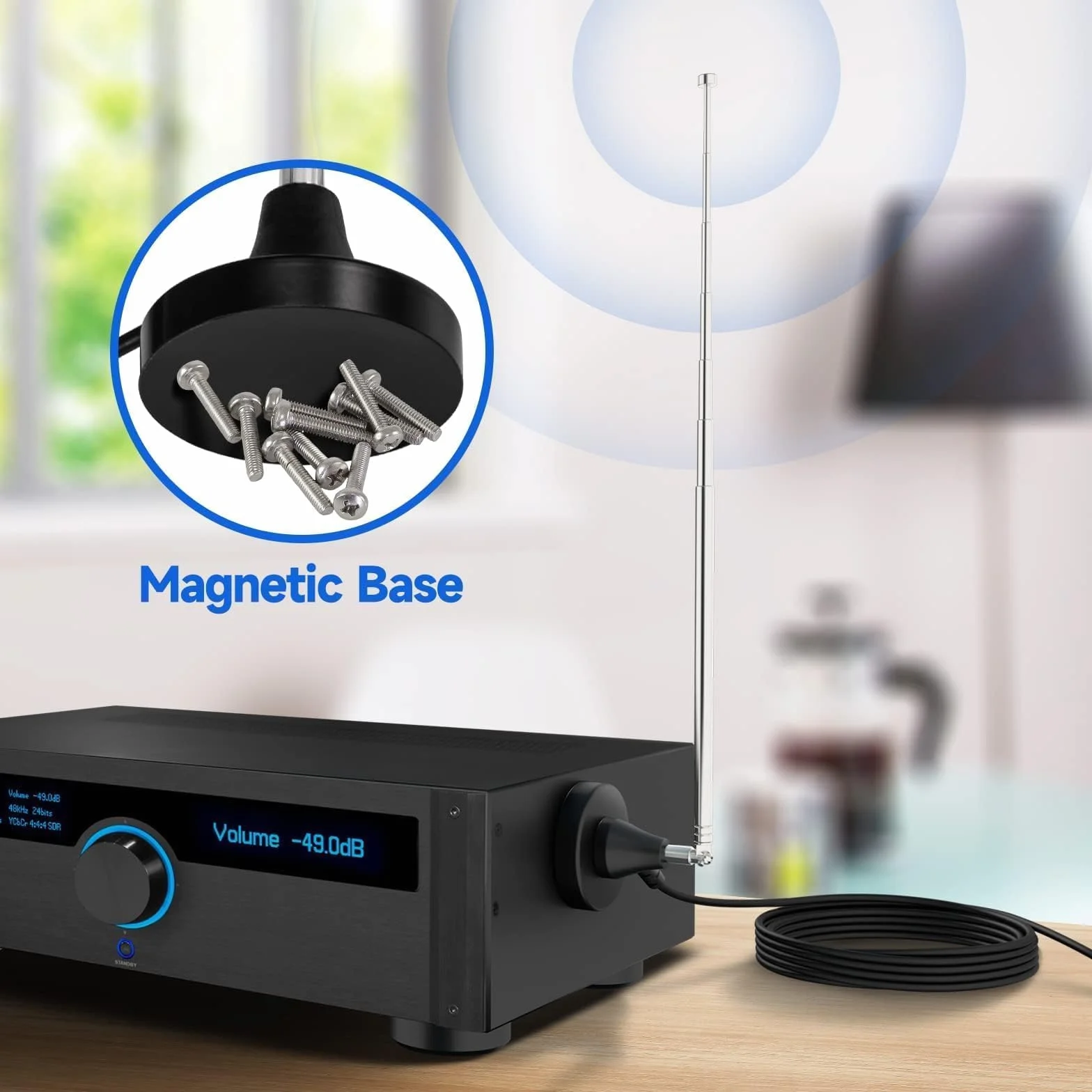 Bingfu Antenne Radio Dab FM Intérieure Télescopique 79 cm Antenne Numérique Amplifiée Maison avec Base Magnétique Câble de 3m pour Chaine HiFi Ampli Tuner FM Dab+ Dab Poste Radio Récepteur AV Stéréo
