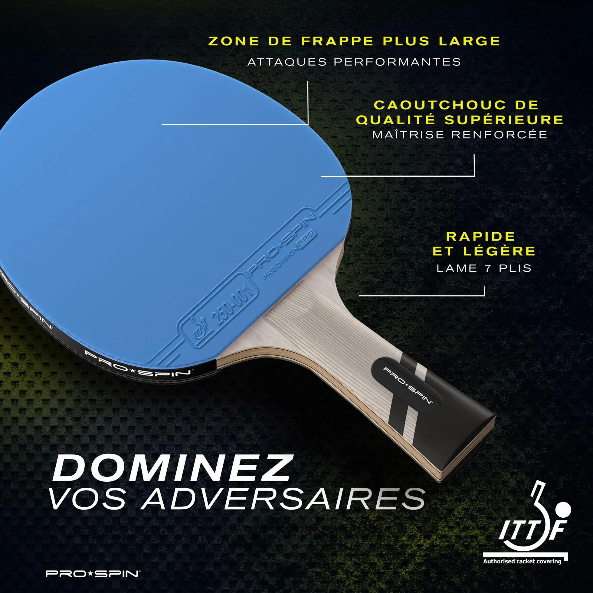 Raquette de Ping Pong PRO-SPIN Série Elite 7 Plis Fibre de Carbone Homologuée ITTF