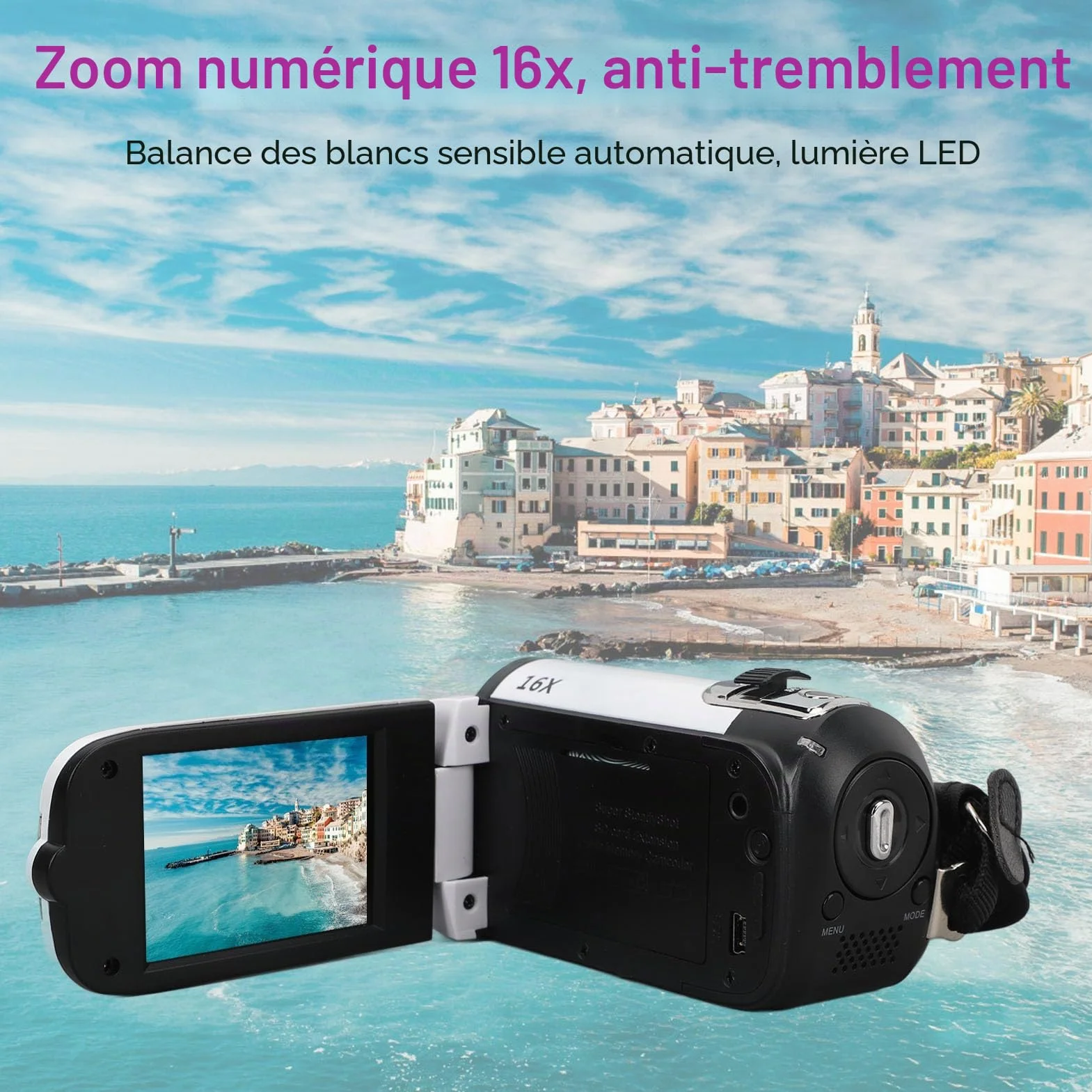 Bewinner Caméra DV 16 MP,Zoom numérique 16X, Appareil Photo 1080P avec écran LCD de 2,7 Pouces, Anti-Vibration, Selfie avec minuterie e, Enchufe européen 100-240 V