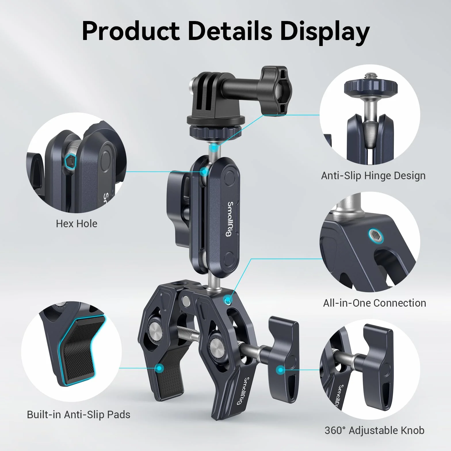 SMALLRIG Super Clamp Ballhead Magic Arm Pince de Caméra, Pince de Moniteur en Forme de Crabe avec 1/4"-20, 3/8"-16 Trous Filetés pour Caméras d'action, Moniteurs, Lumières LED, Microphones- 3757B